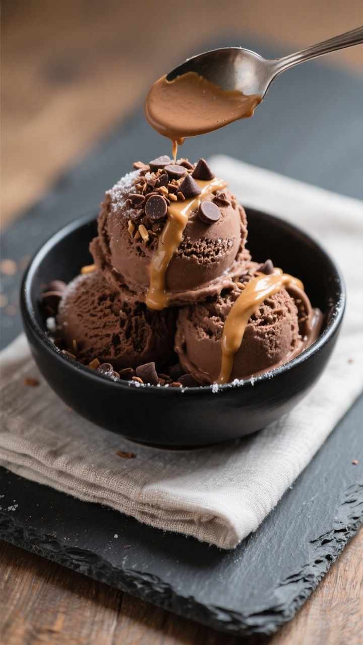 Final dish presentation: Restaurant-quality scoops of chocolate protein ice cream stacked in a chill