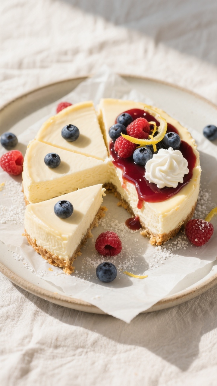 Final dish presentation: Restaurant-quality top-down shot of the fully chilled keto cheesecake on a