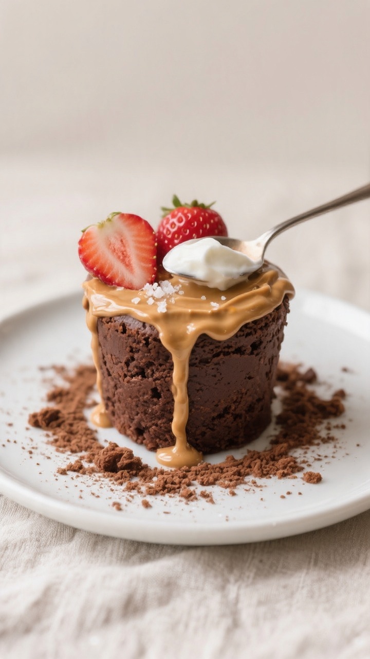 Final dish presentation: The chocolate protein mug cake turned out onto a small white plate, topped