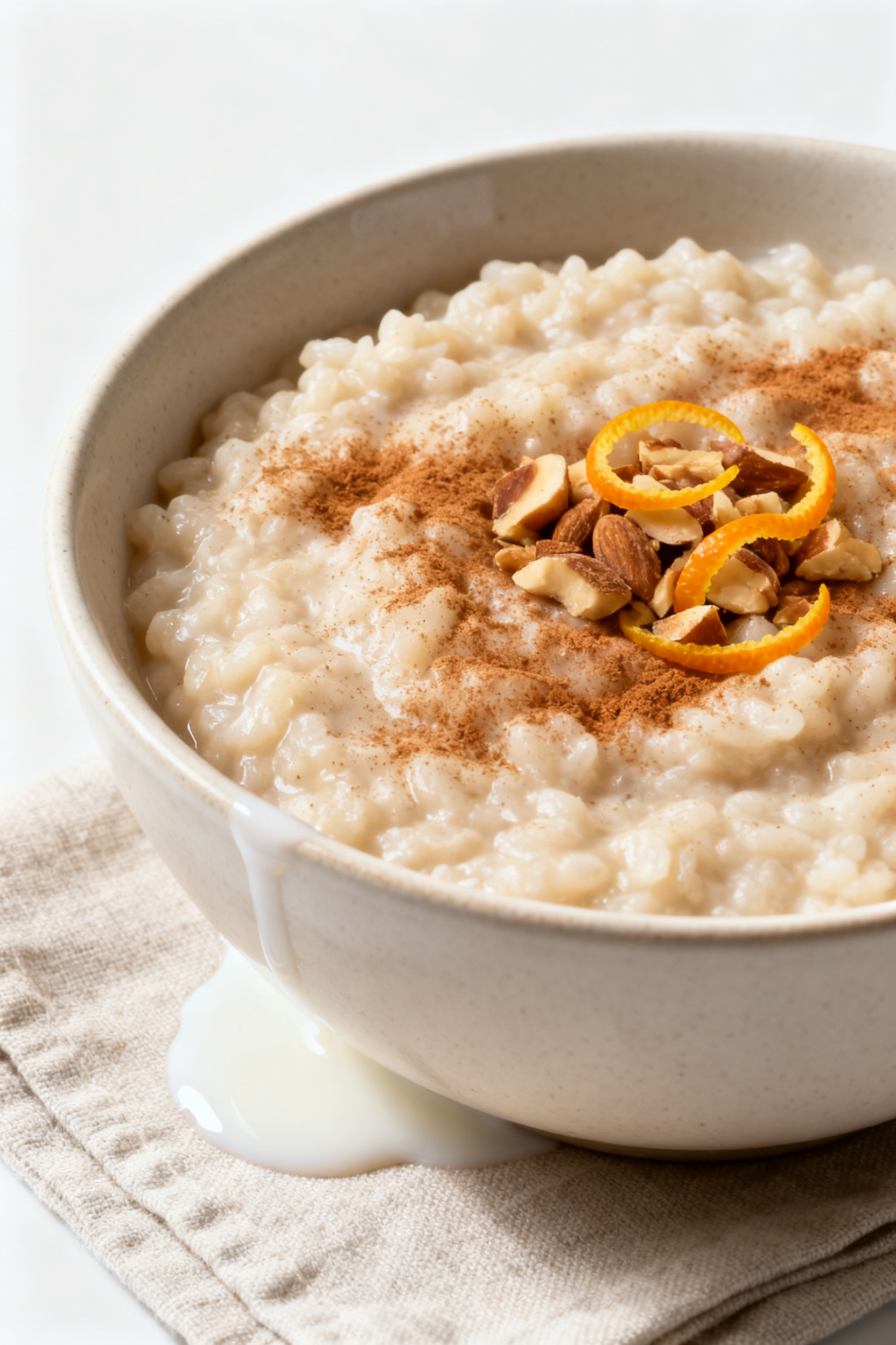 Final plated dessert beauty shot: A warm bowl of sugar-free rice pudding served spoonable and ultra 