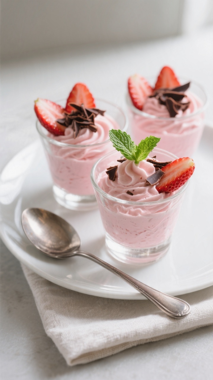 Final plated dessert: Elegant strawberry protein mousse piped into small clear dessert glasses, topp