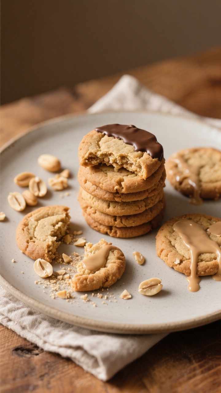 Final plated dish: Beautifully stacked sugar-free peanut butter cookies on a matte ceramic plate, a