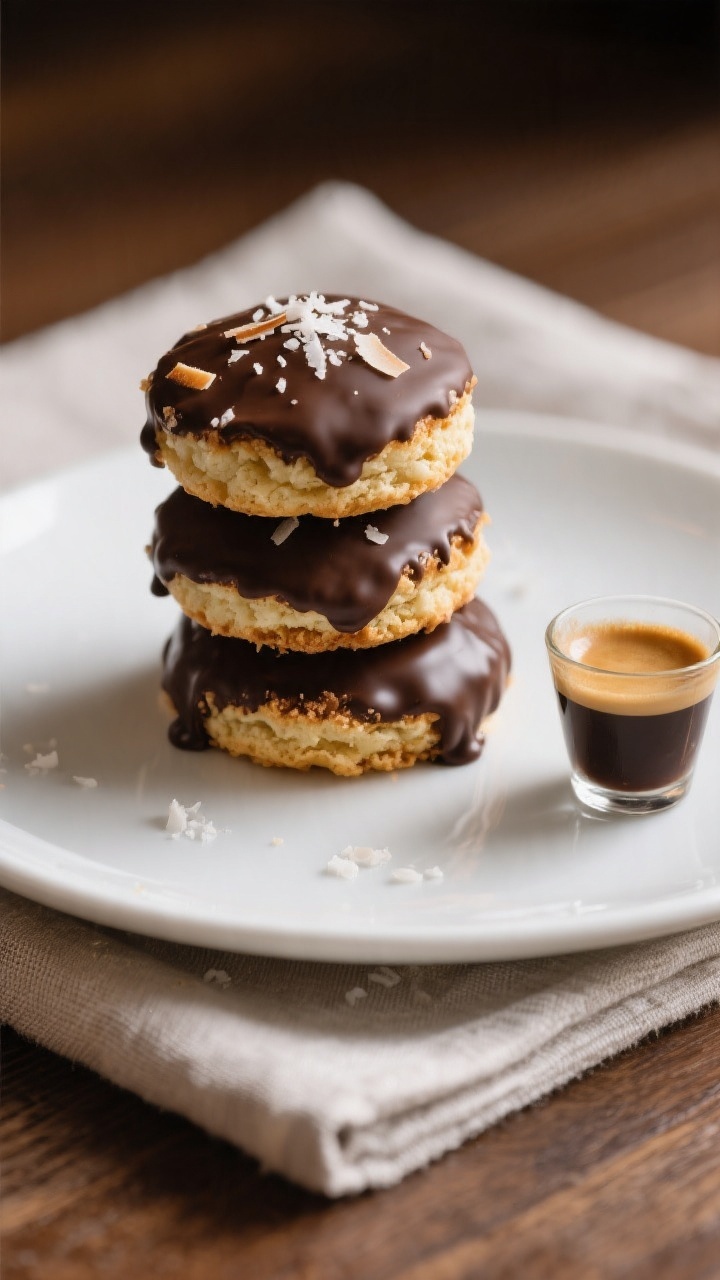 Final plated dish: Restaurant-quality presentation of sugar-free chocolate-dipped coconut macaroons 