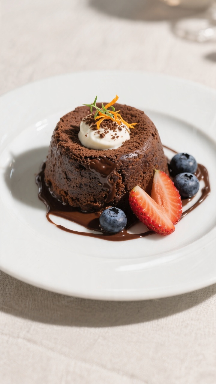 Final plated dish: Restaurant-quality presentation of an inverted protein lava cake on a wide white