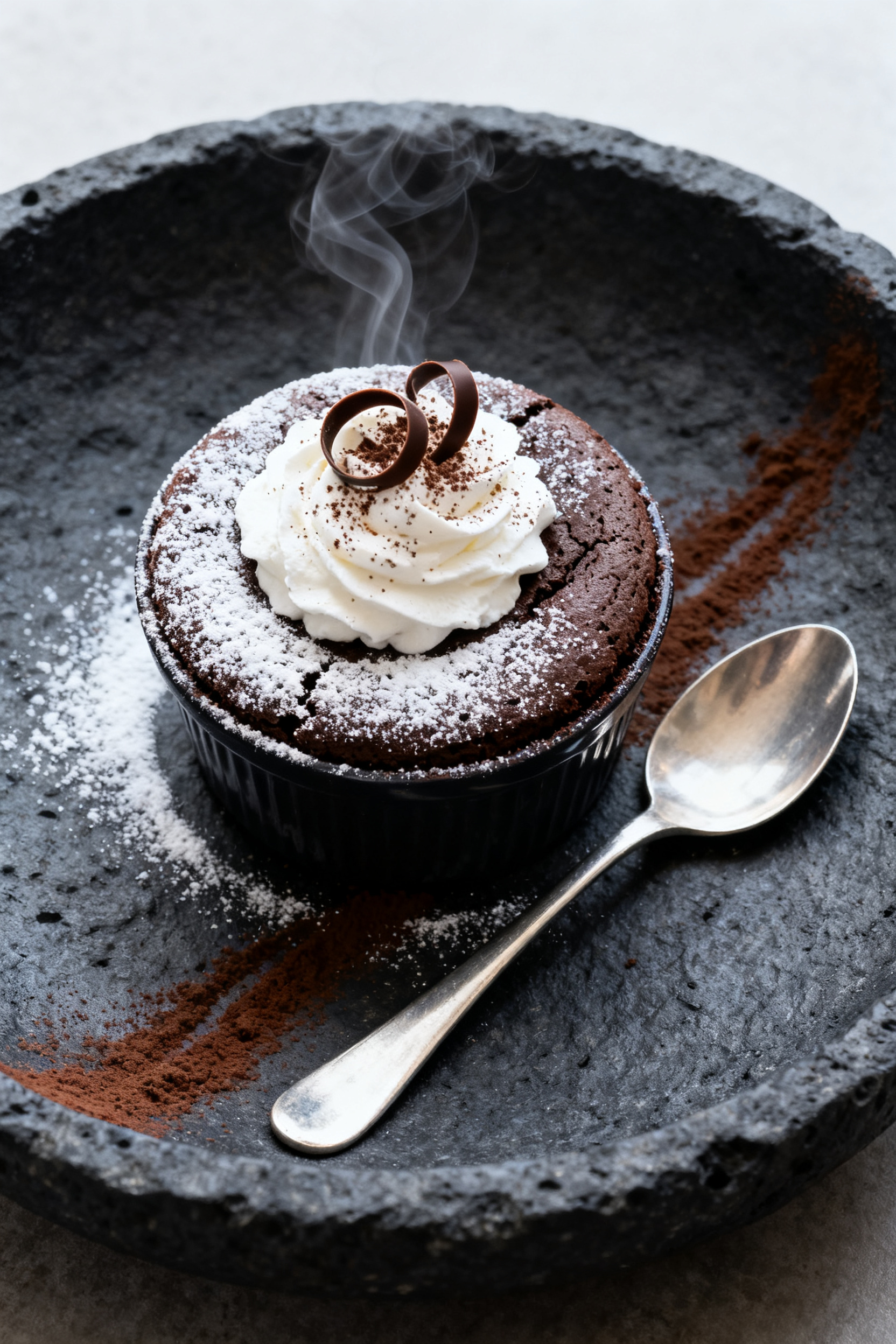 Final plated dish: Restaurant-style presentation of a baked keto chocolate soufflé served immediate
