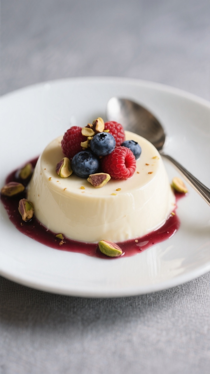 Final plated elegance: Unmolded sugar-free vanilla panna cotta on a matte white dessert plate, perfe