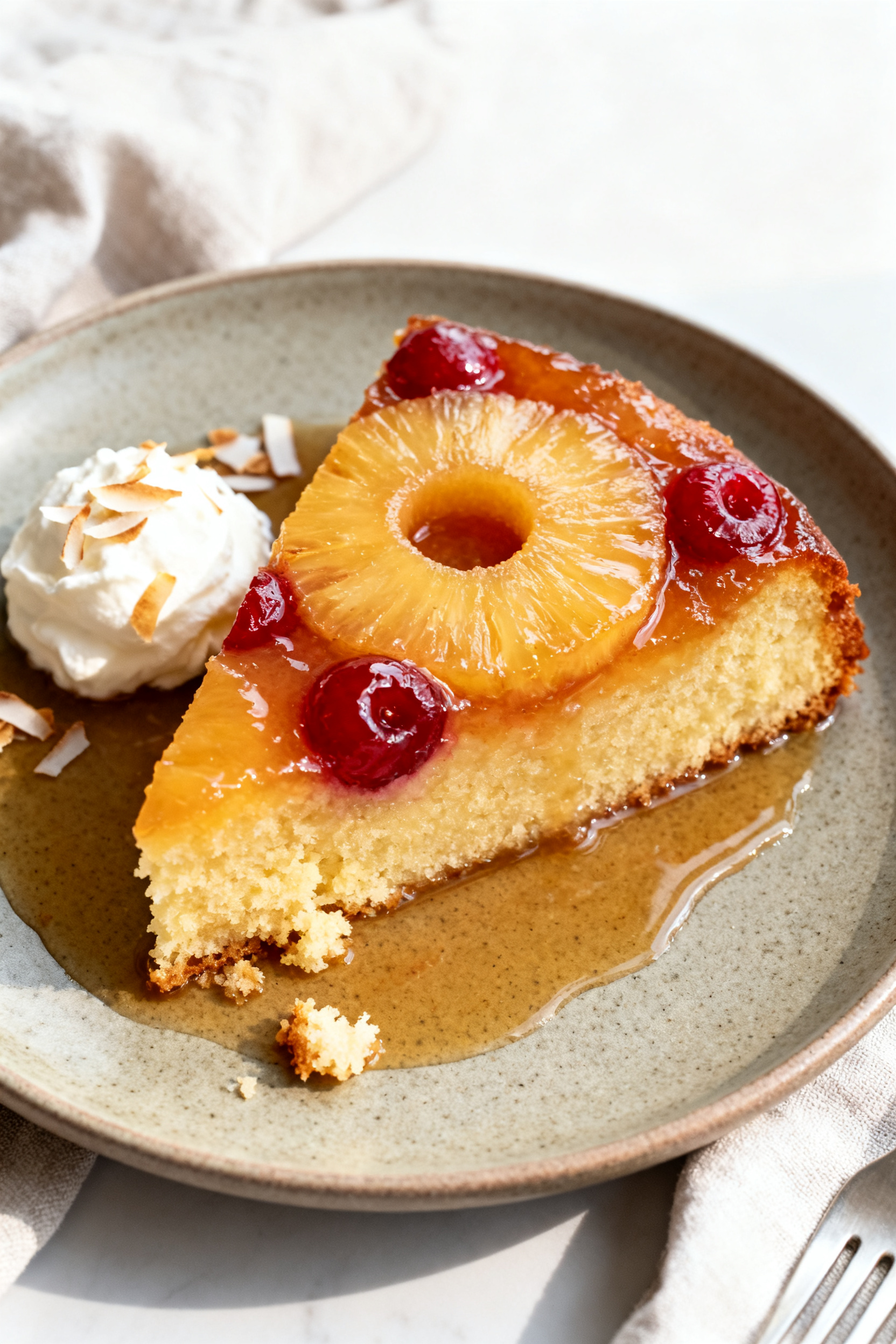Final plated presentation: a generous slice of pineapple upside down cake served warm on a matte cer