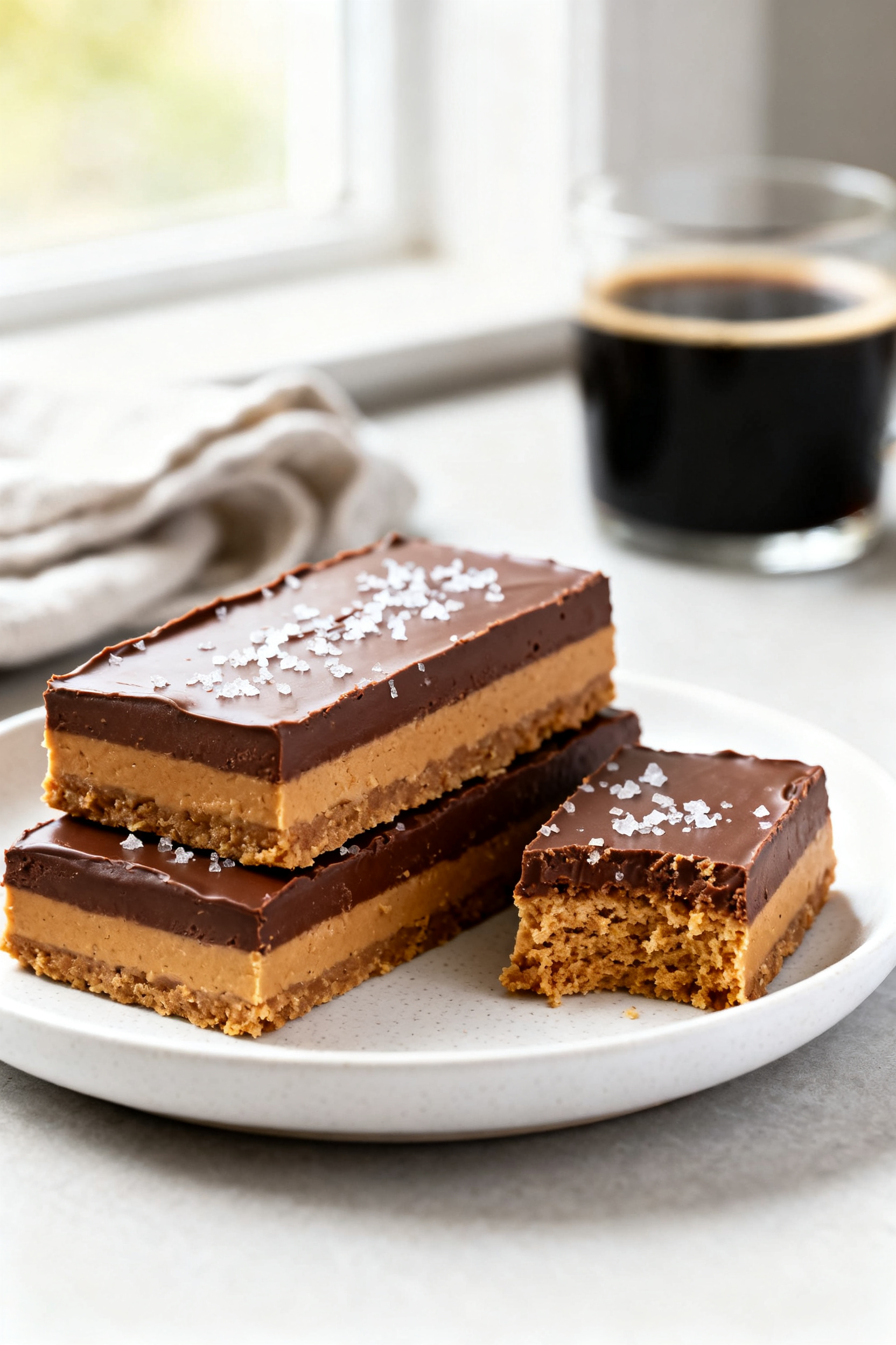 Final plated presentation: Neatly sliced no-bake peanut butter bars stacked slightly offset on a mat