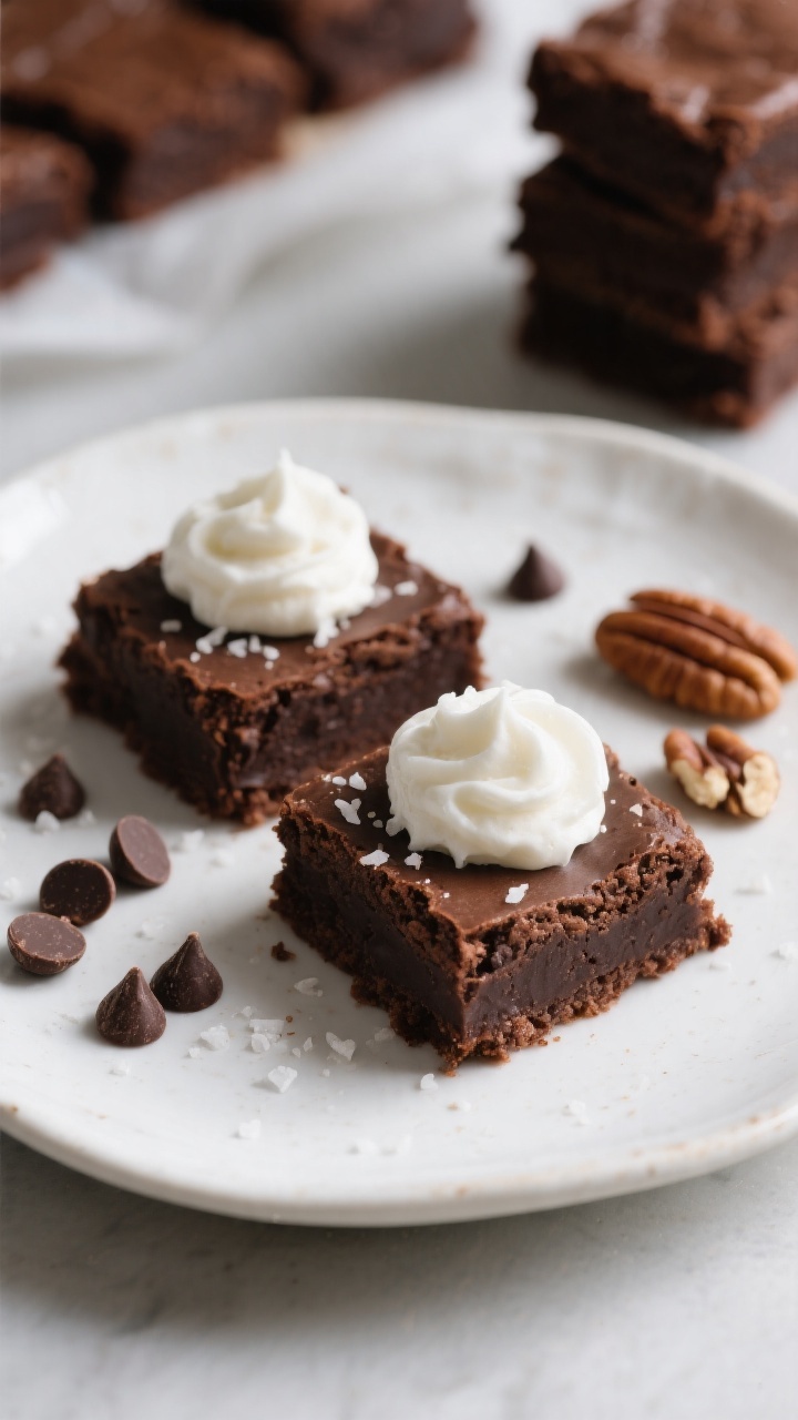 Final plated presentation: two fudgy almond flour brownie squares on a small white ceramic plate, to