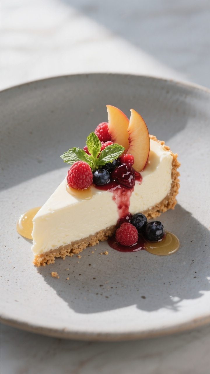 Final plated restaurant-style presentation: a single neat wedge of Greek yogurt cheesecake on a matt