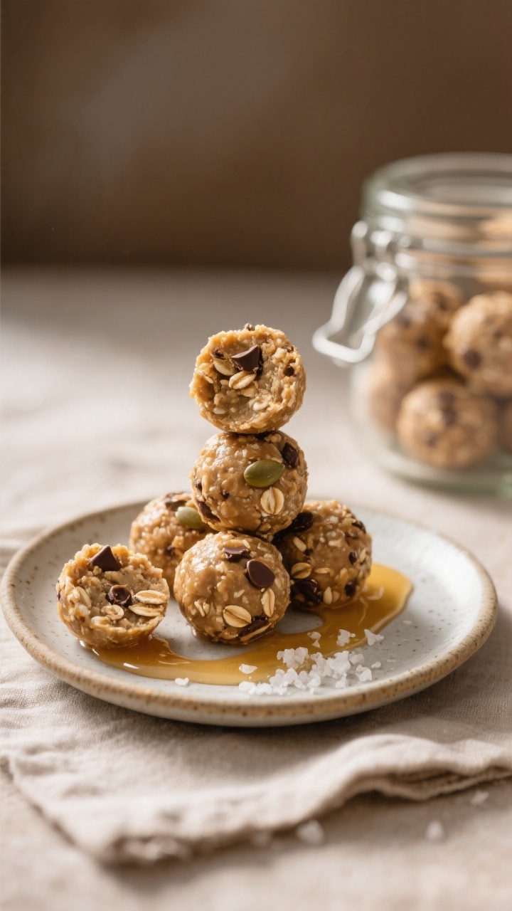 Final presentation plate: beautifully plated stack of peanut butter protein balls on a small ceramic