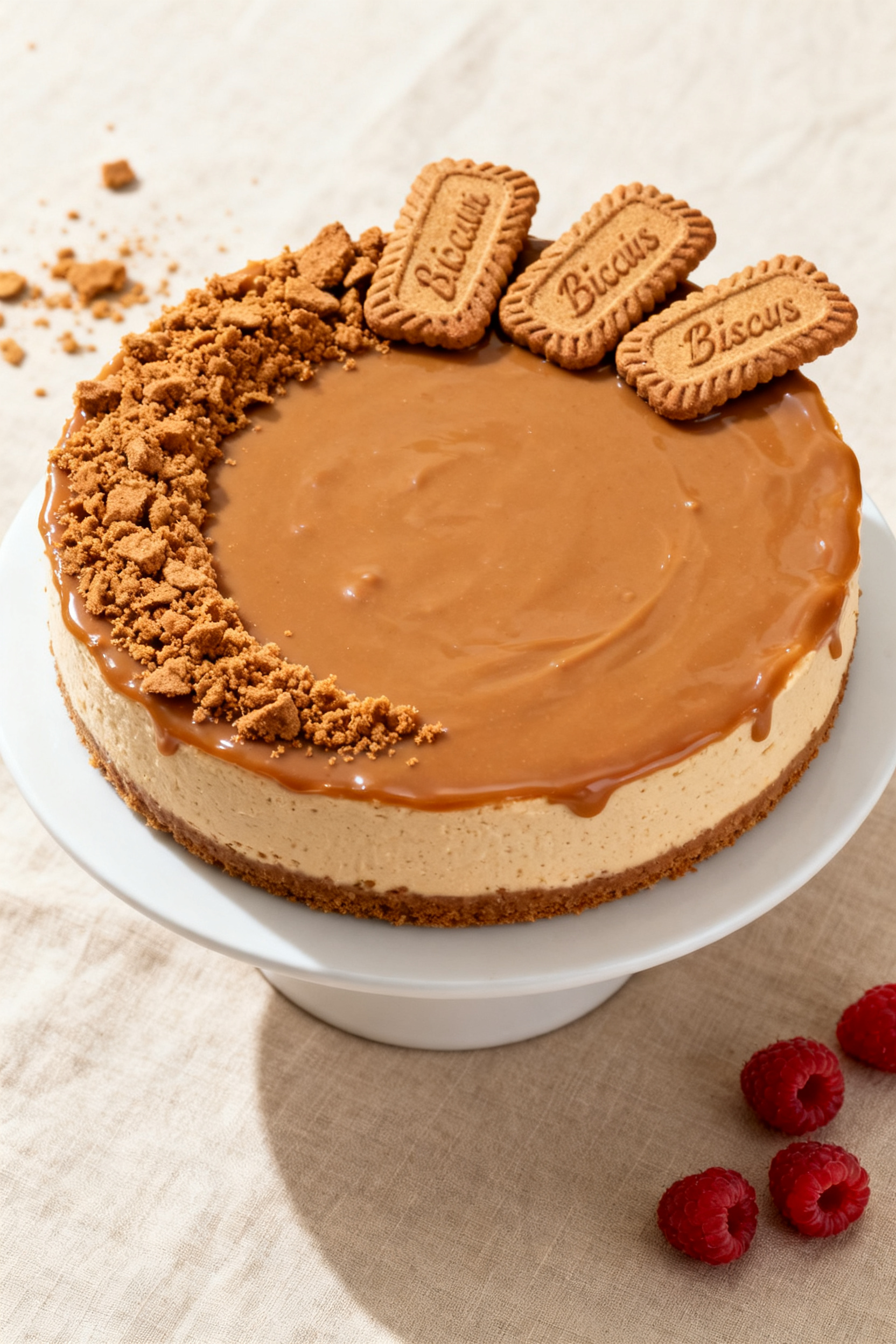 Final presentation: Restaurant-quality whole no-bake Biscoff cheesecake on a simple white cake stand