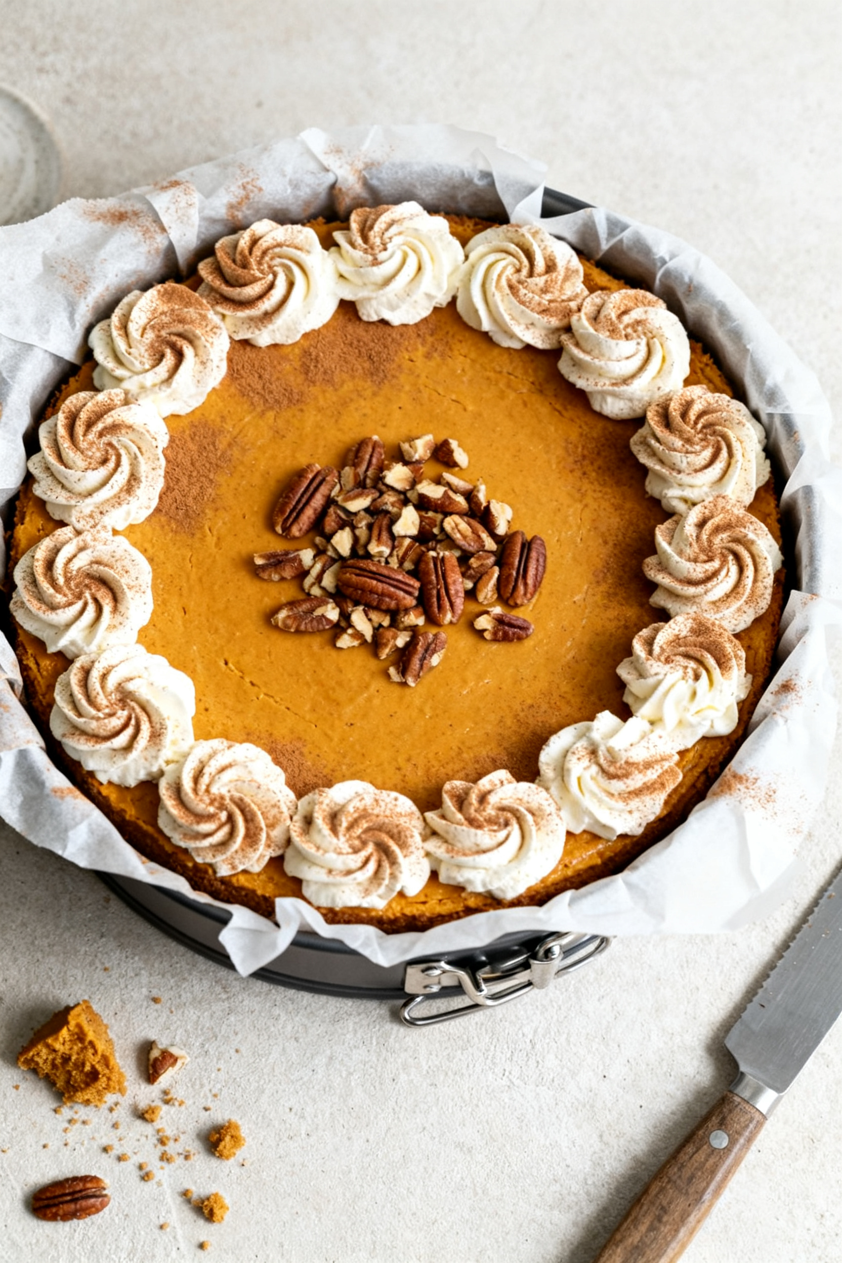 Overhead final presentation: of the whole keto pumpkin cheesecake on a parchment-lined springform ba