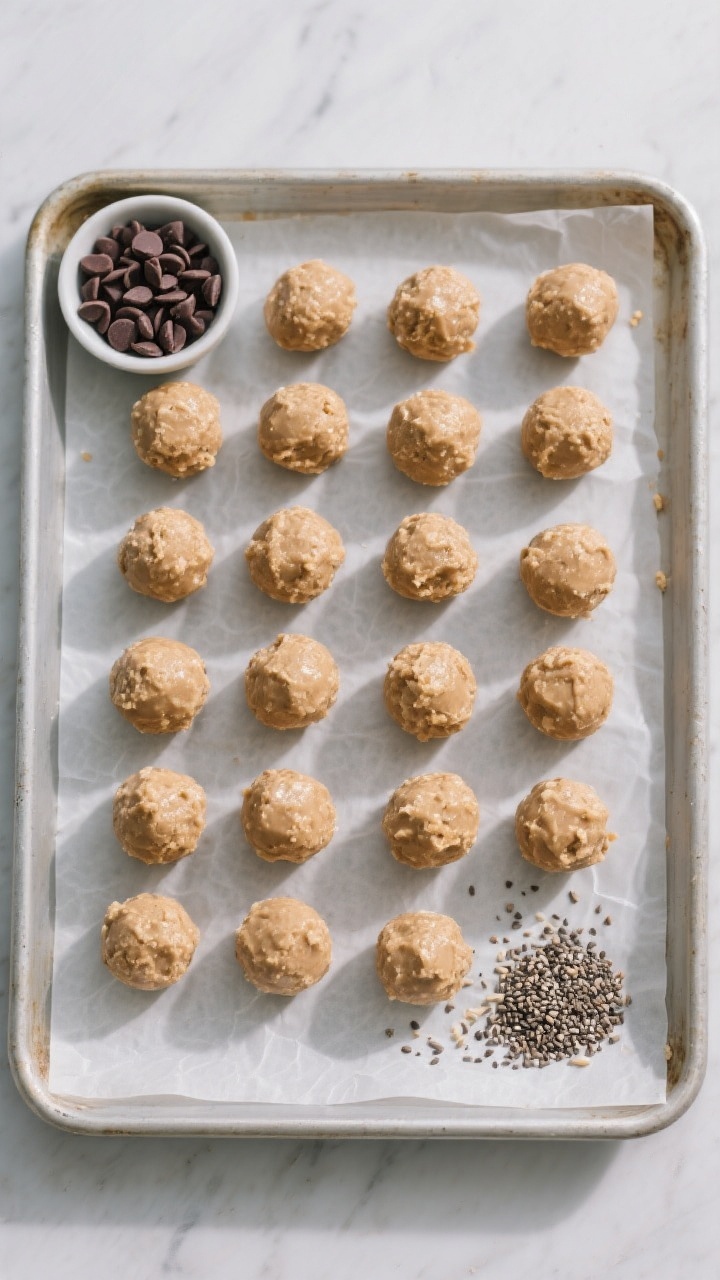 Overhead “set and store” scene: of 20 chilled peanut butter protein balls arranged in neat rows 