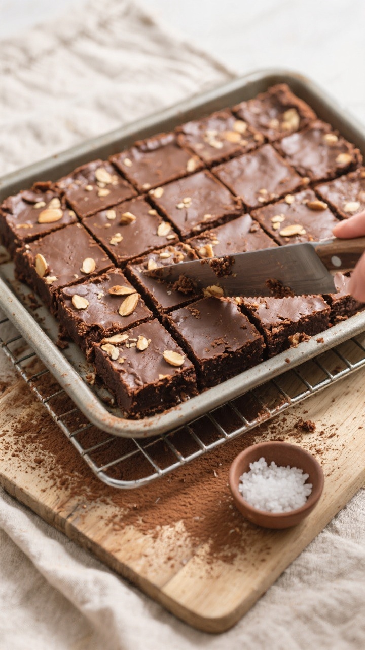 Overhead shot of the cooling and slicing stage: brownies cooled and lifted from the pan onto a wire
