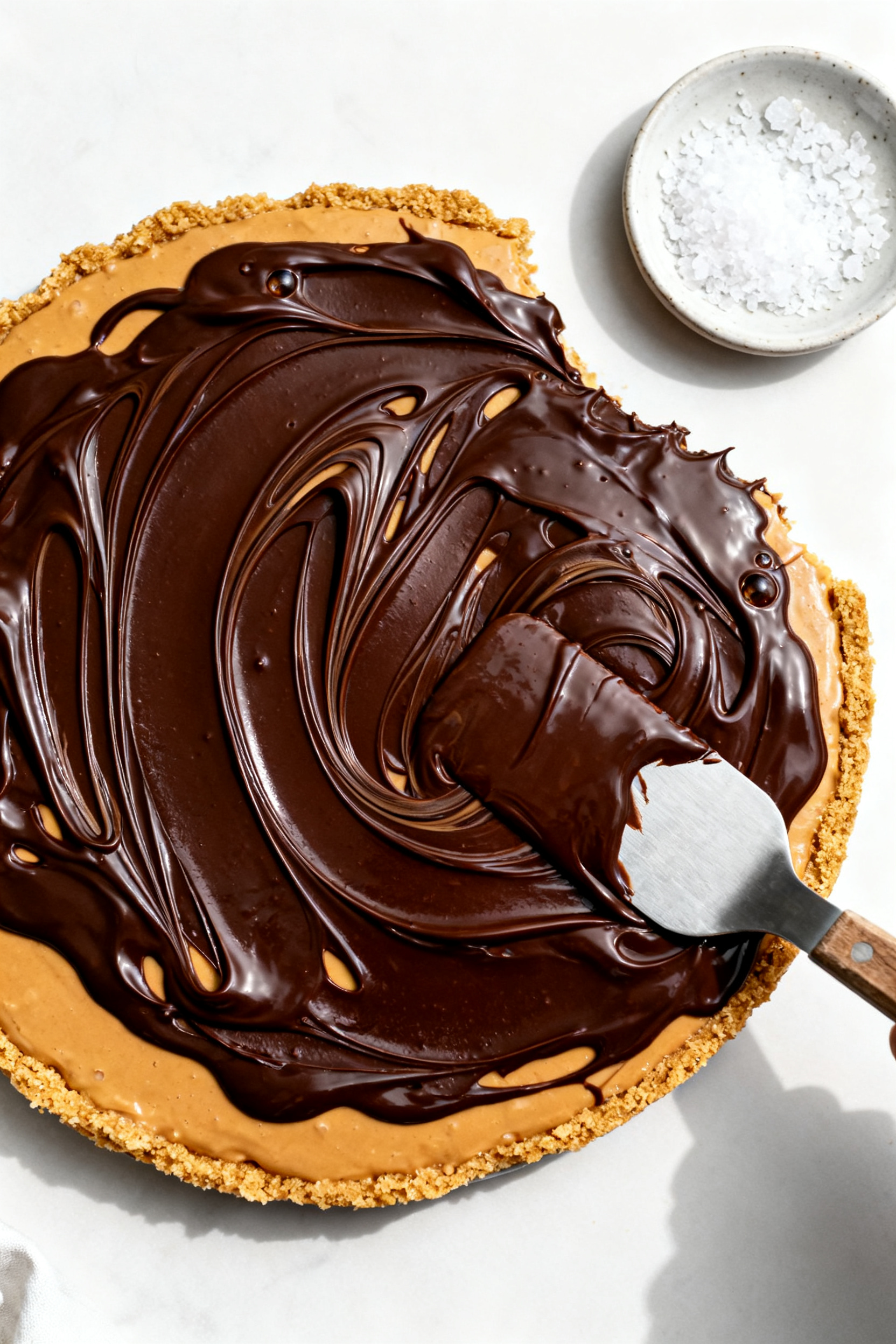Overhead “tasty top view”: Freshly poured melted semisweet chocolate-peanut butter topping sprea