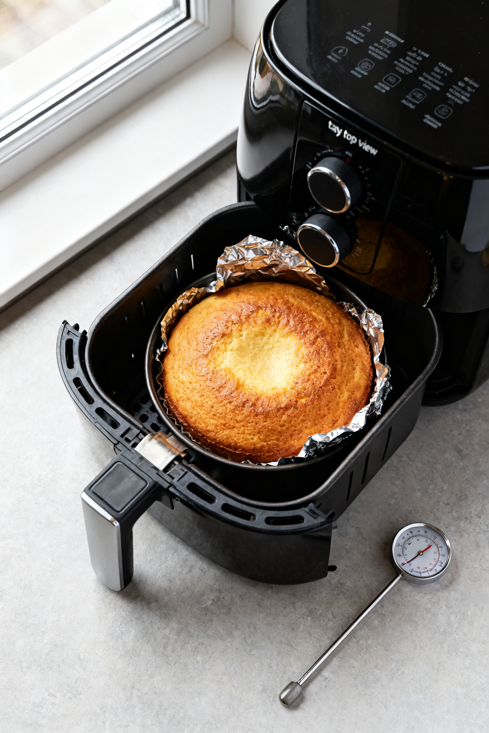 Overhead “tasty top view” of a 7-inch round pineapple upside down cake fresh from the air fryer 