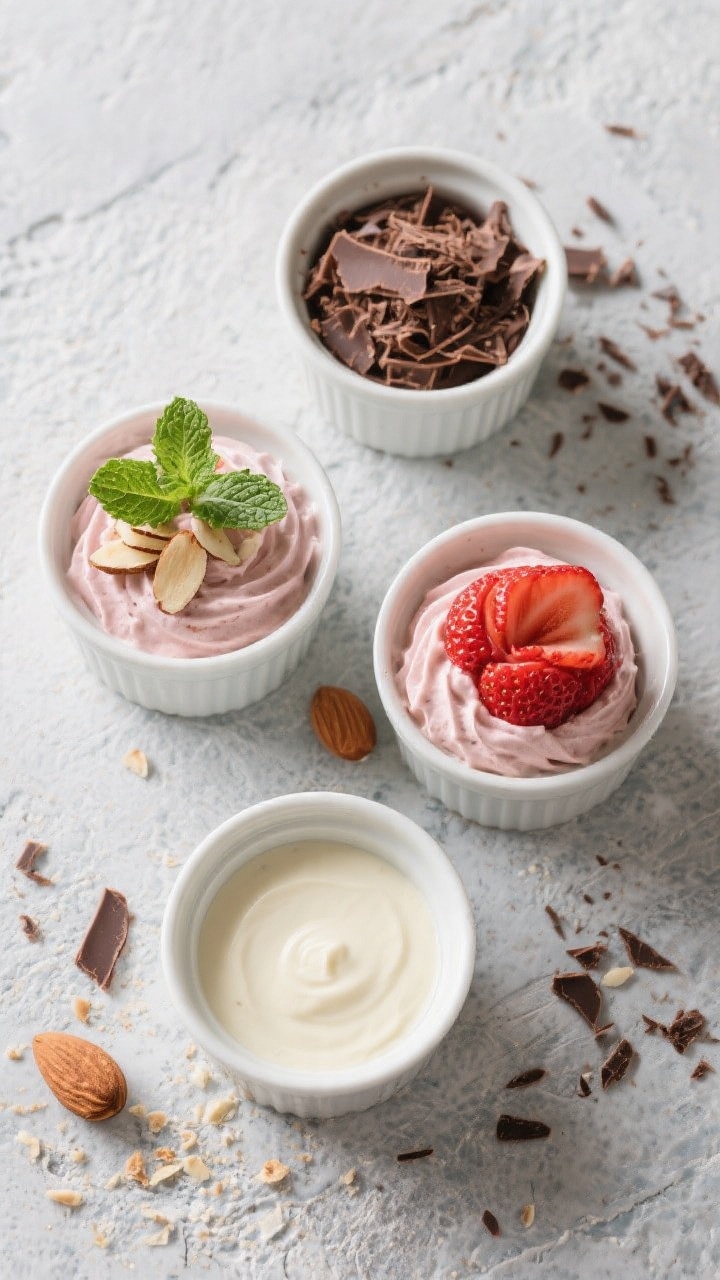 Overhead “tasty top view”: Top-down shot of four ramekins filled with strawberry protein mousse,