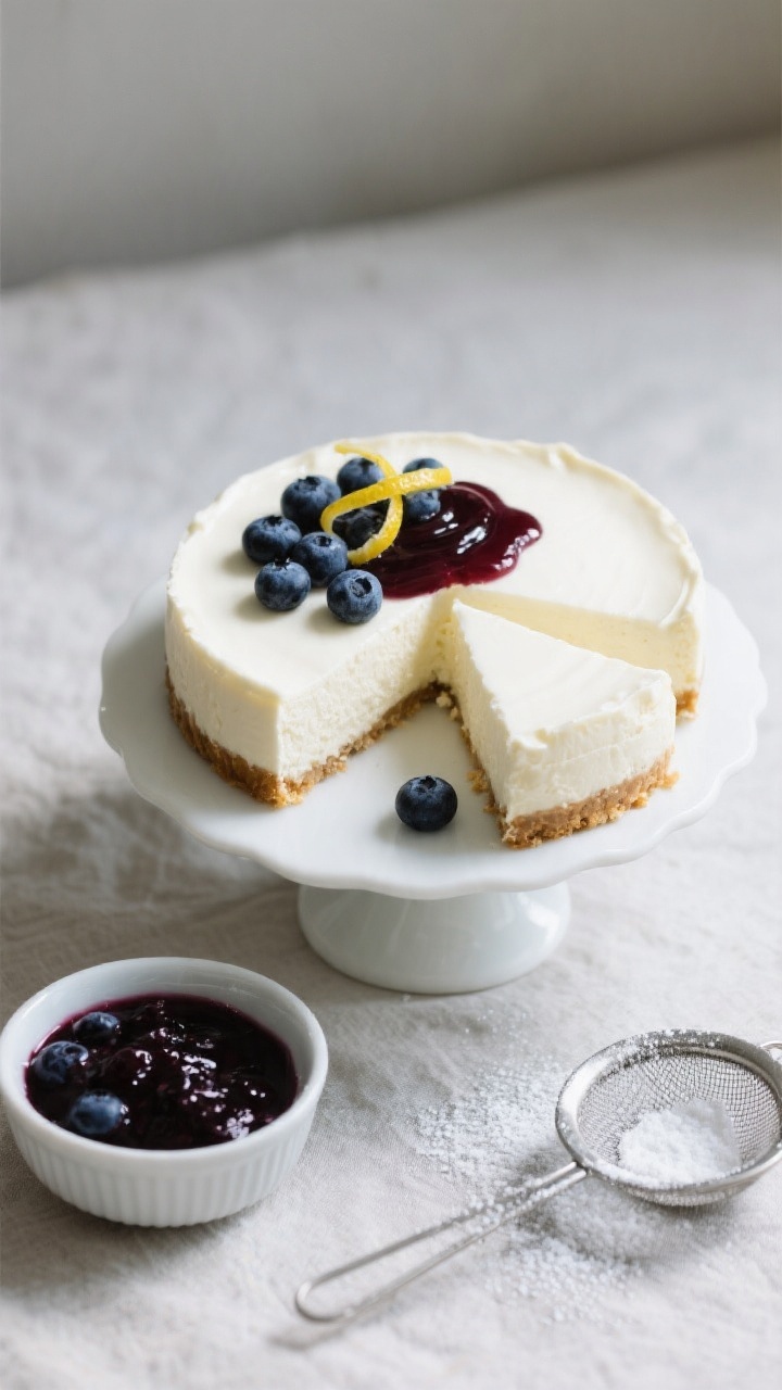 Overhead top-down shot of a chilled, sliced Greek yogurt cheesecake on a white cake stand, clean sli