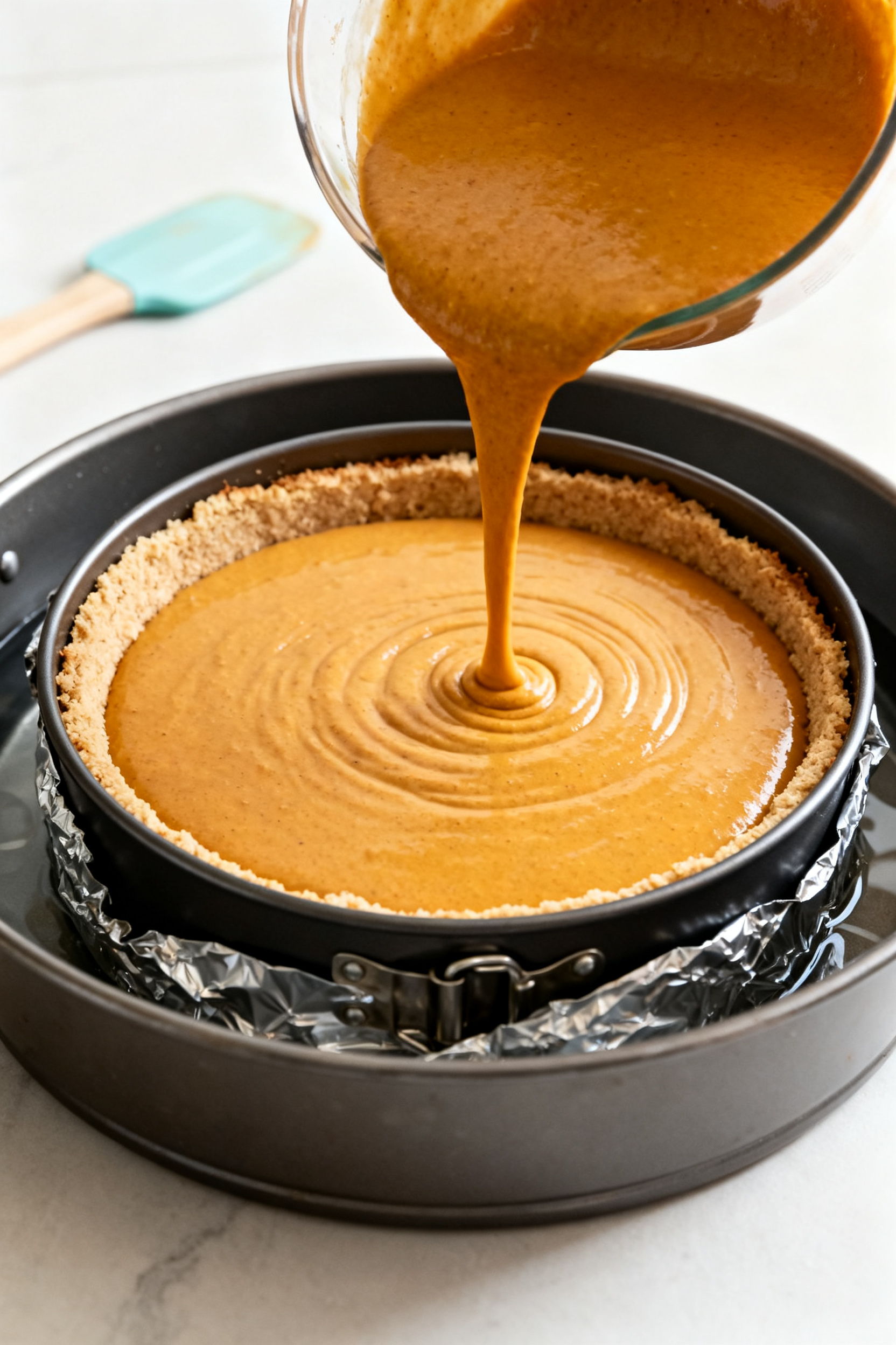 Process-in-action shot: Batter being poured into the par-baked almond flour crust inside a 9-inch sp