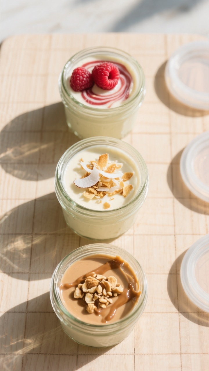 Tasty overhead meal-prep view: Top-down shot of three small glass jars filled with set vanilla prote