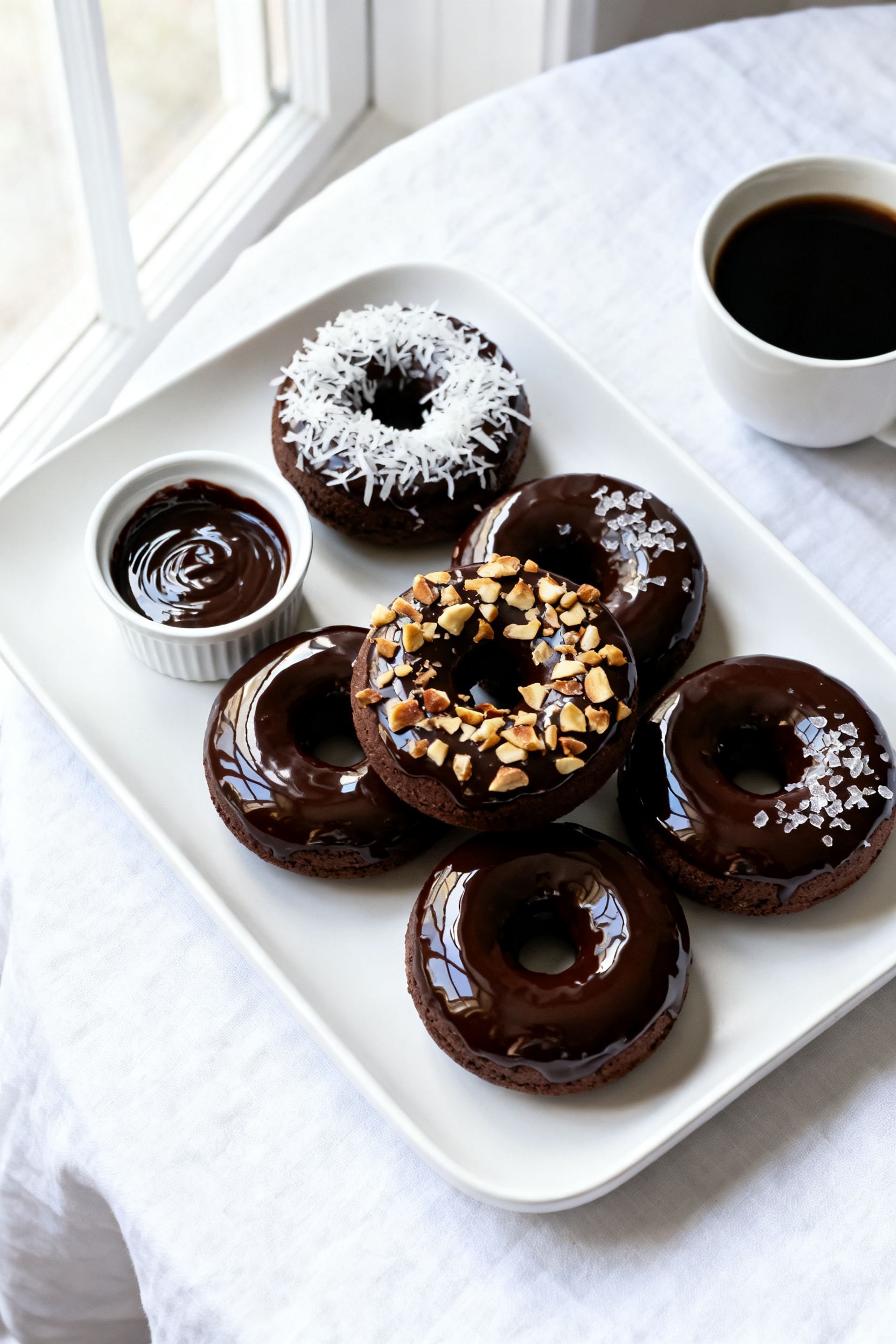 Tasty top view (final presentation): Overhead shot of beautifully plated sugar-free chocolate donuts