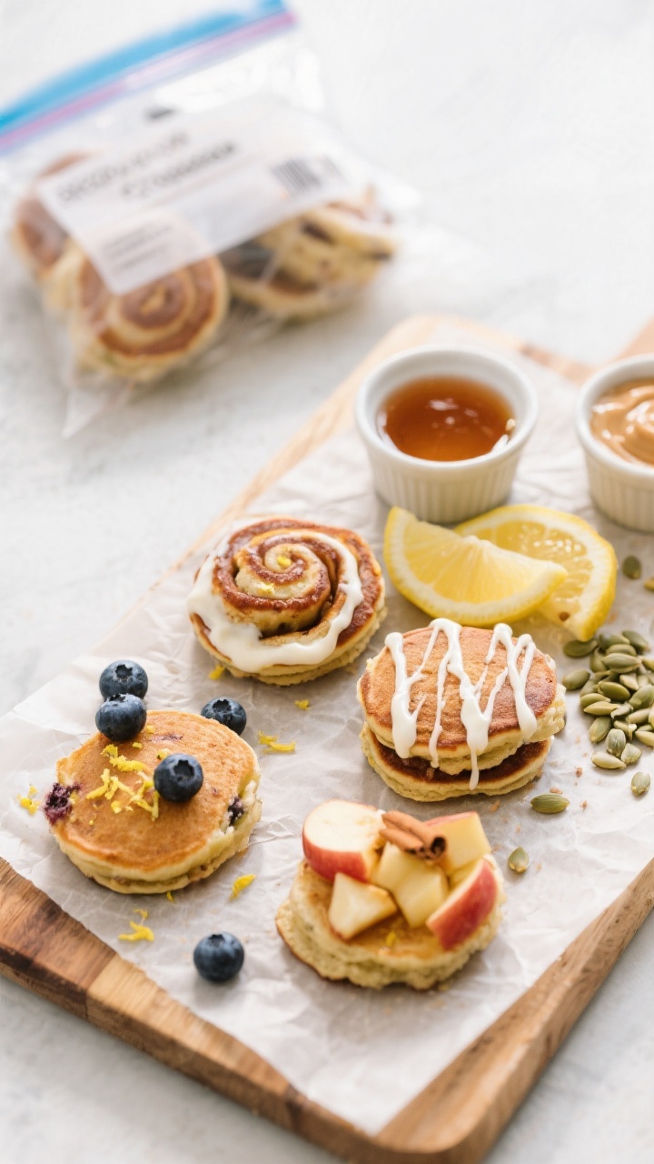 Tasty top view final presentation: Overhead shot of a breakfast board featuring assorted Protein Pan