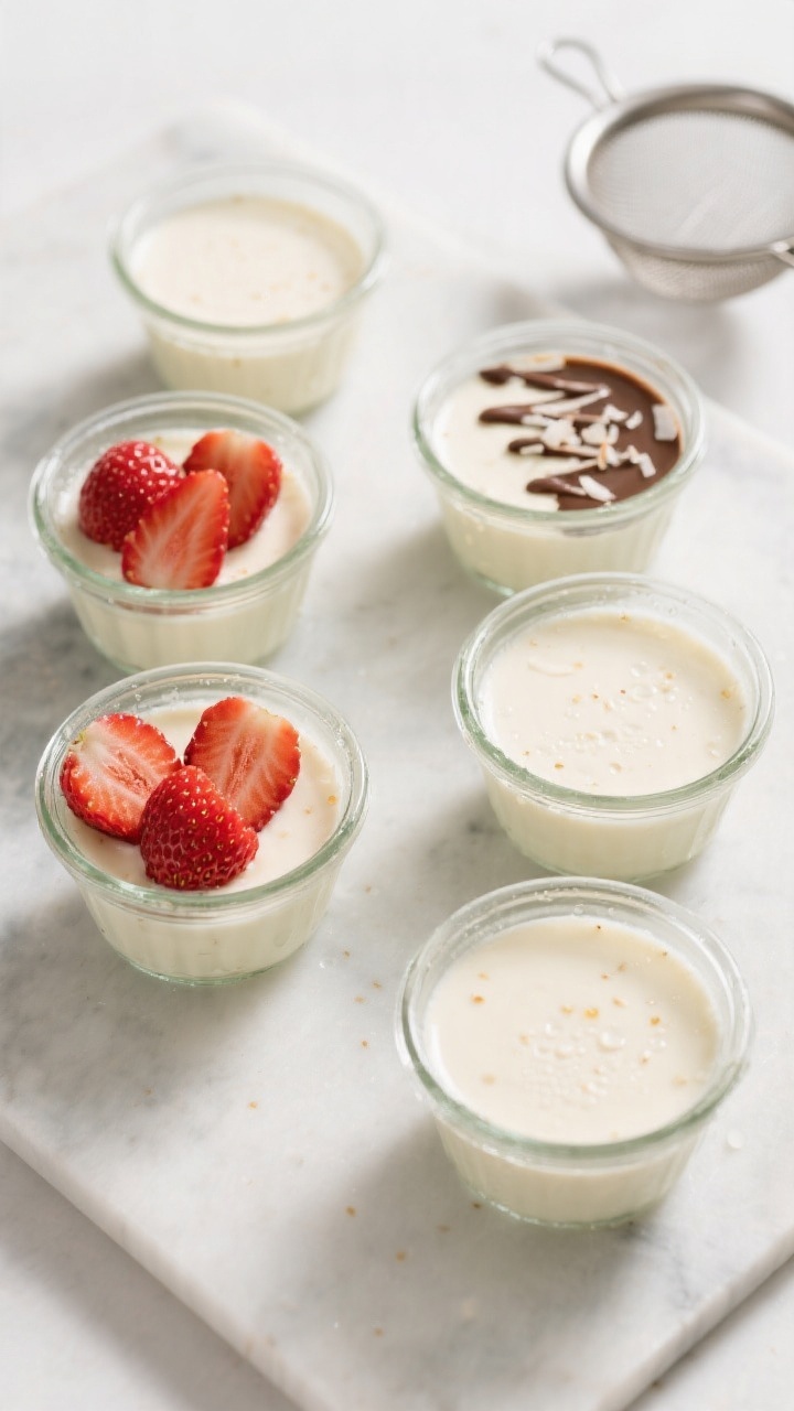 Tasty top view, modern serveware: Overhead shot of set panna cotta in low glass ramekins, six portio