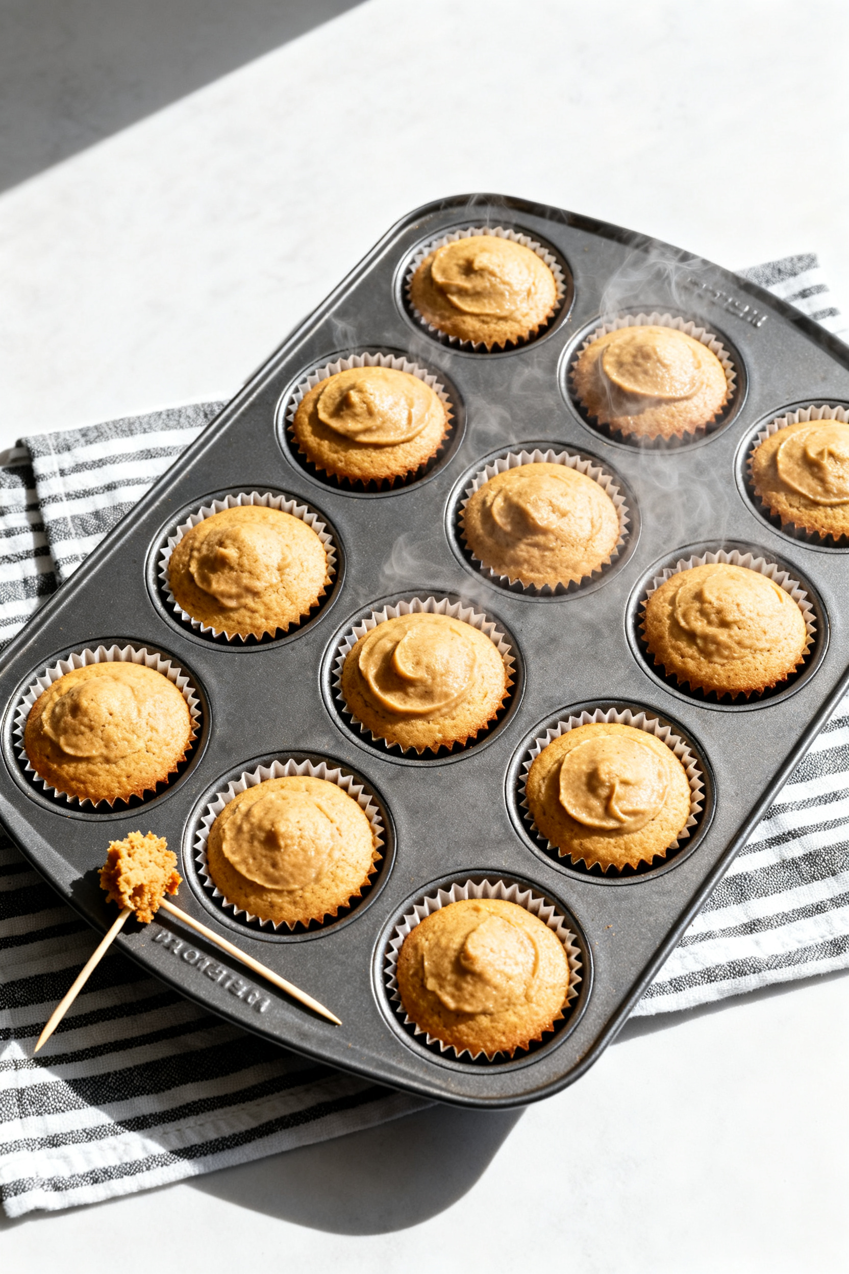 Tasty top view: Overhead shot of a 12-cup muffin tin just out of the oven, each liner filled with do