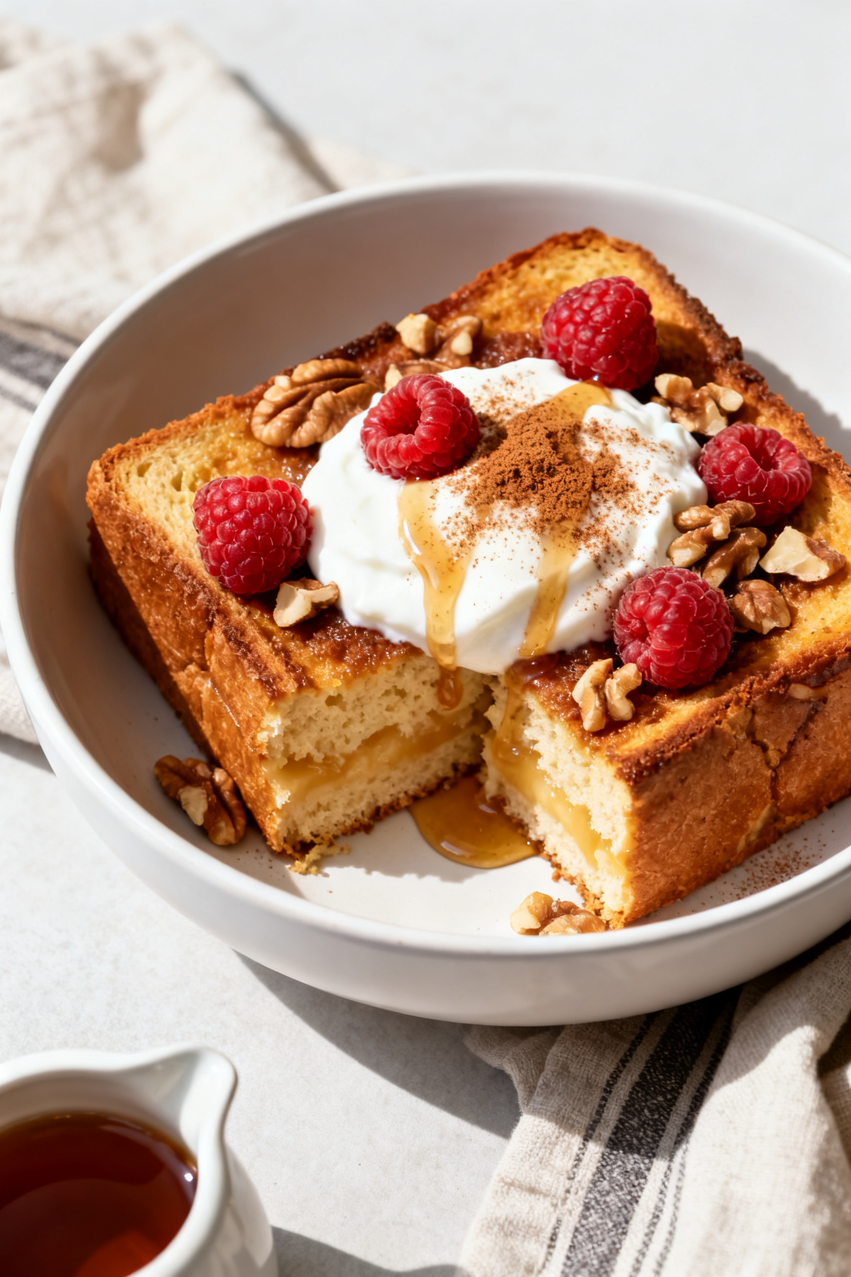 Tasty top view: Overhead shot of a sliced square of protein bread pudding plated in a shallow white 