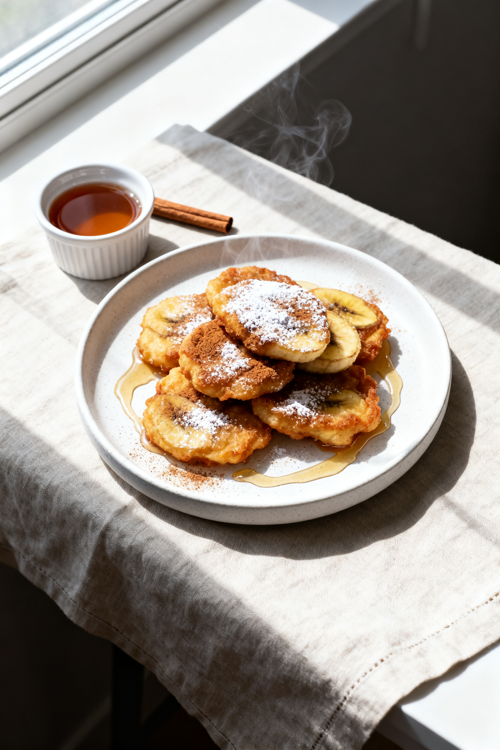 Tasty top view: Overhead shot of a warm pile of banana fritters on a matte white plate, dusted with 