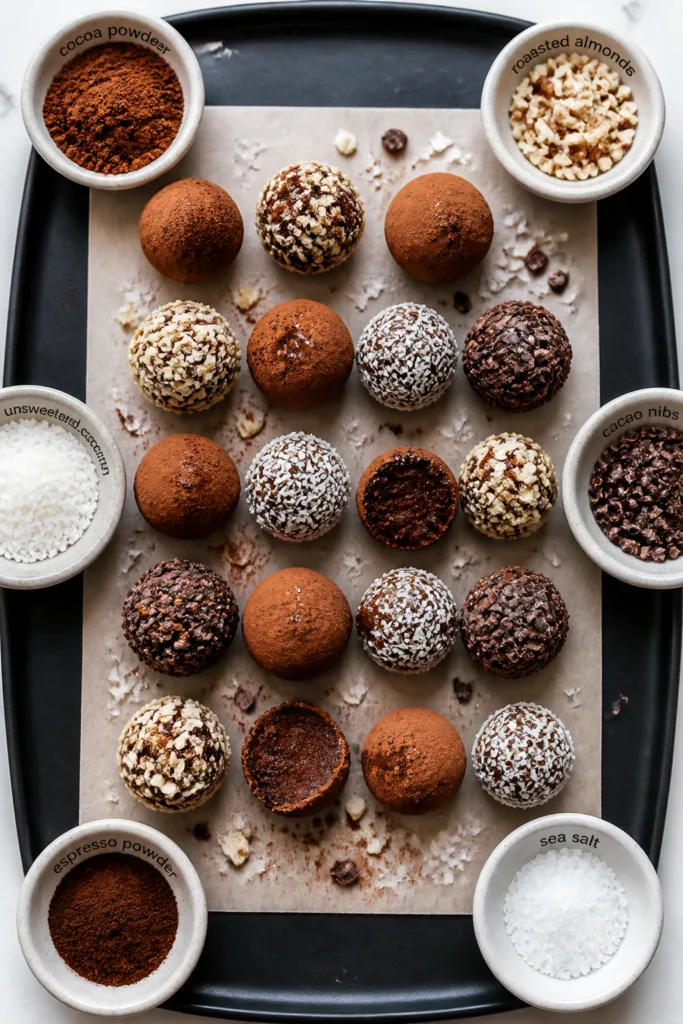 Tasty top view: Overhead shot of an assorted truffle platter—no-sugar chocolate truffles neatly ar