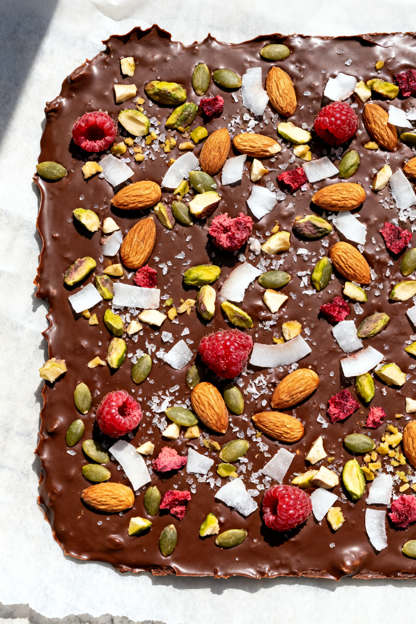 Tasty top view: Overhead shot of freshly spread chocolate protein bark on parchment, 1/8–1/4 inch 