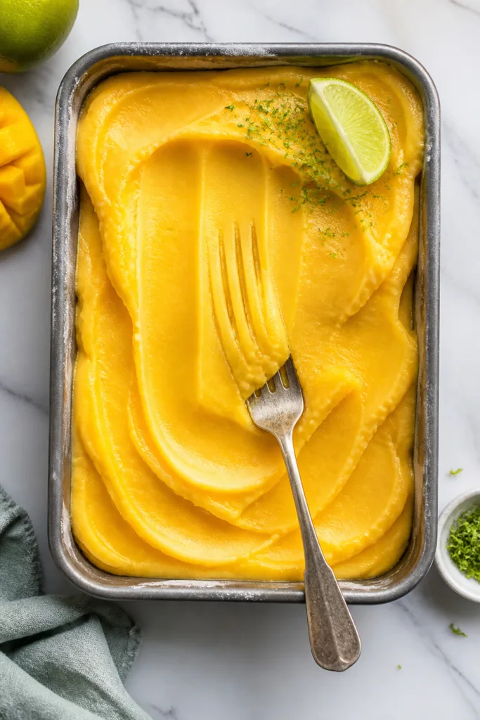 Tasty top view: Overhead shot of no-sugar mango sorbet in a shallow, freezer-safe pan mid no-churn p