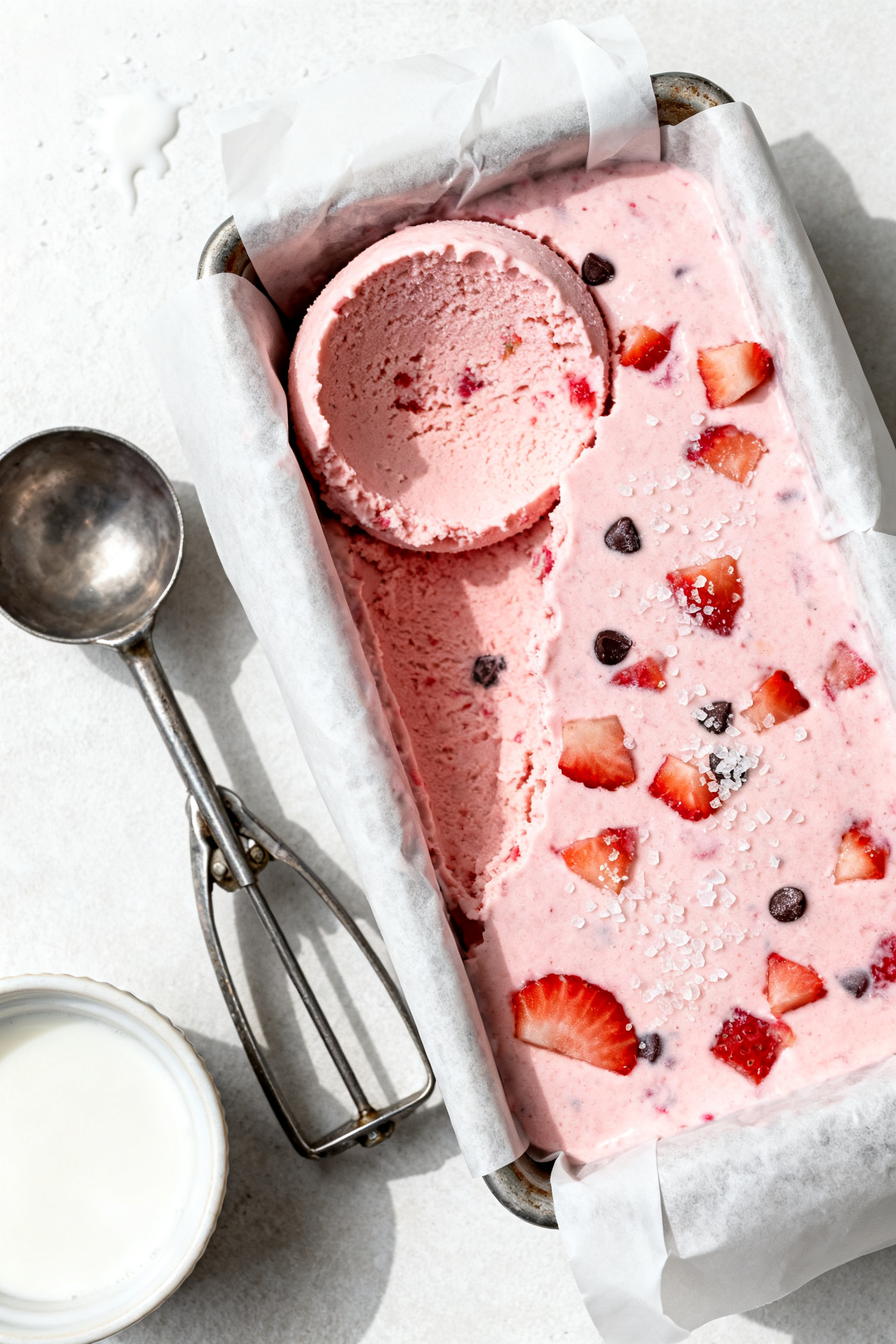 Tasty top view: Overhead shot of scoopable strawberry protein ice cream in a parchment-lined loaf pa