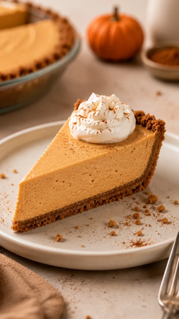 sliced wedge of no-bake pumpkin pie