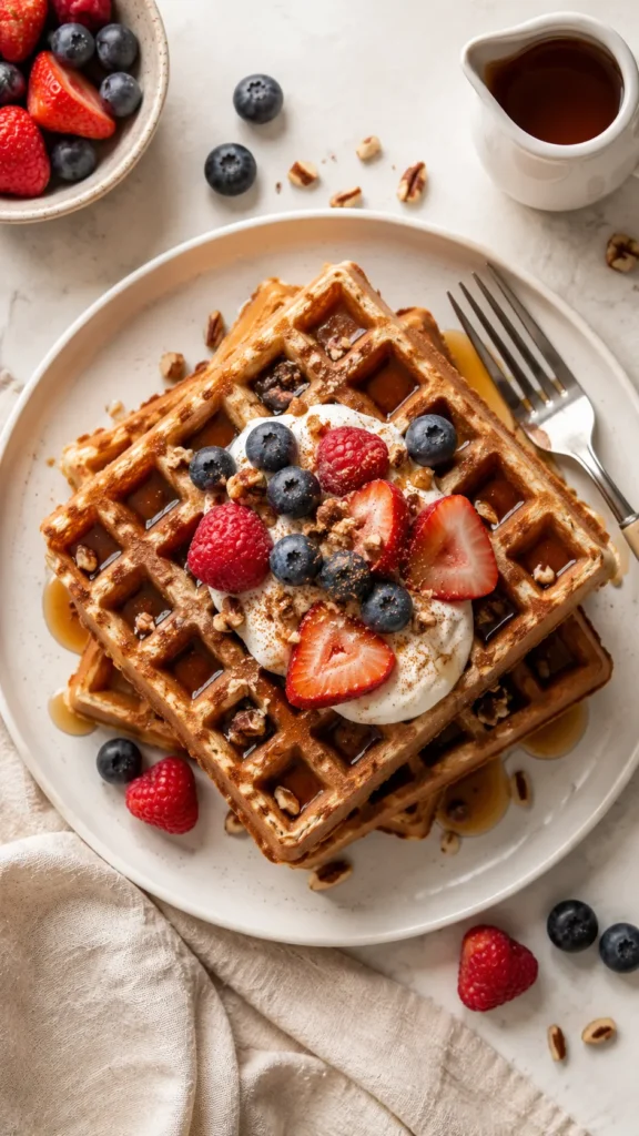 stack of protein waffles on a matte white plate