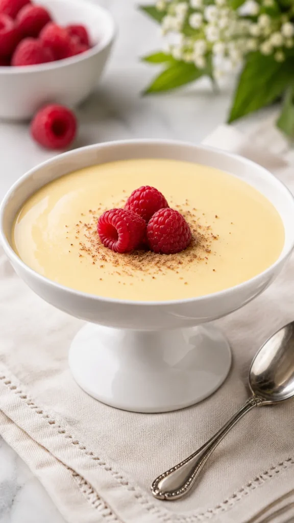  sugar-free vanilla custard in a white porcelain coupe