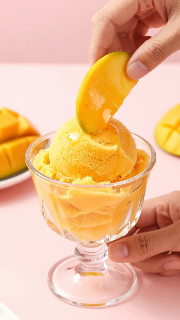 Close-up shot of hands scooping smooth mango sorbet into a crystal glass, showing the glossy, fruit-forward texture with tiny flecks of zest, against a soft pastel backdrop and a hint of fresh mango slices in the background; no text on the image.