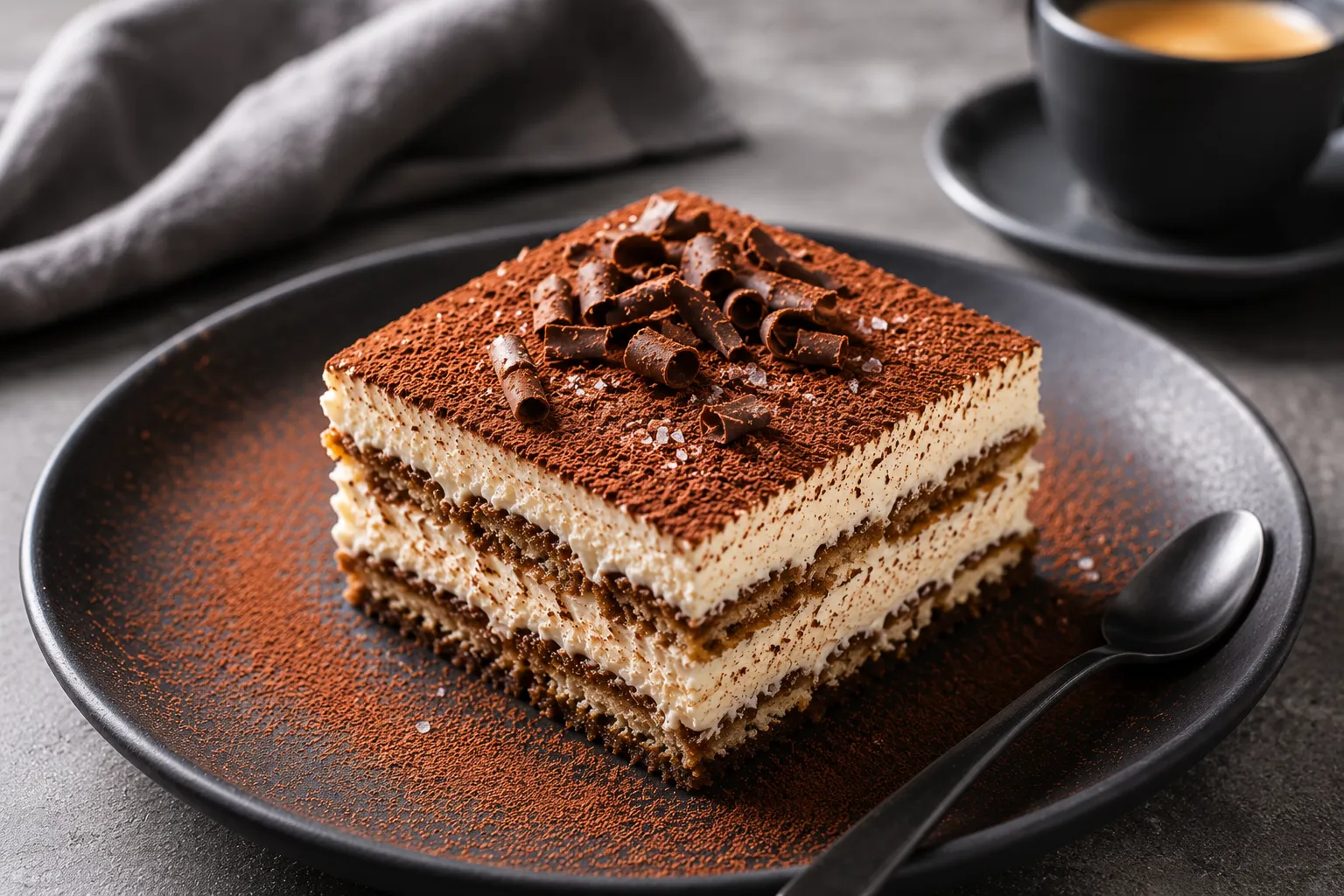 tiramisu square on a matte charcoal plate