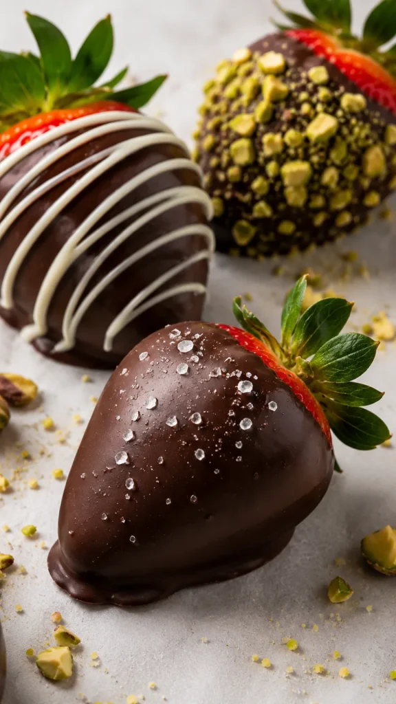 trio of freshly set chocolate-covered strawberries