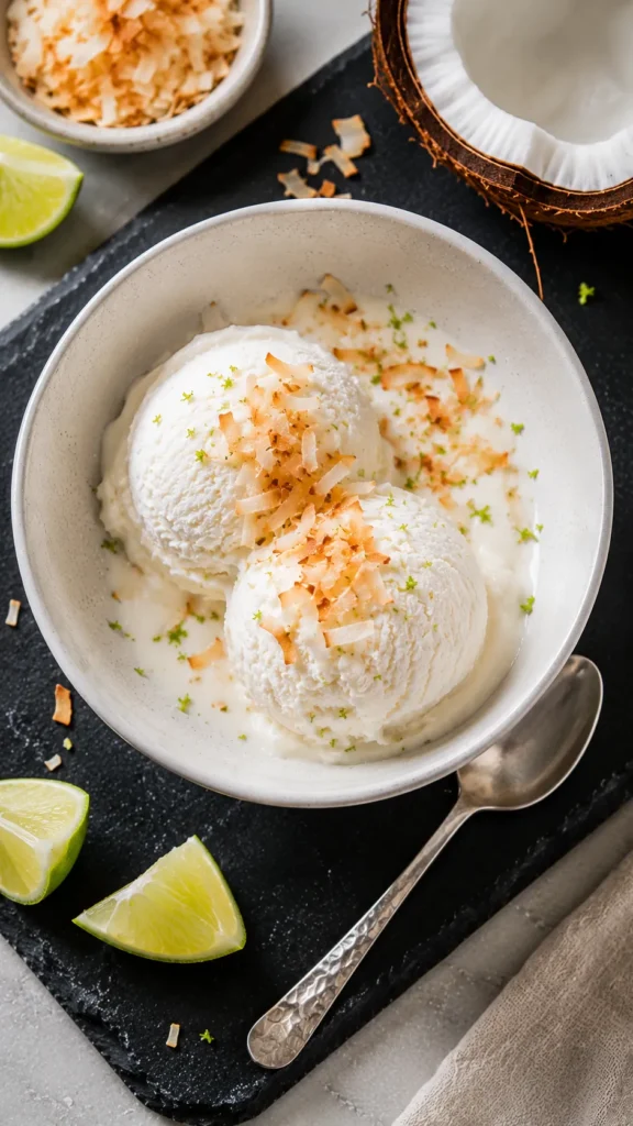 two  scoops of sugar-free coconut ice cream in a bowl 