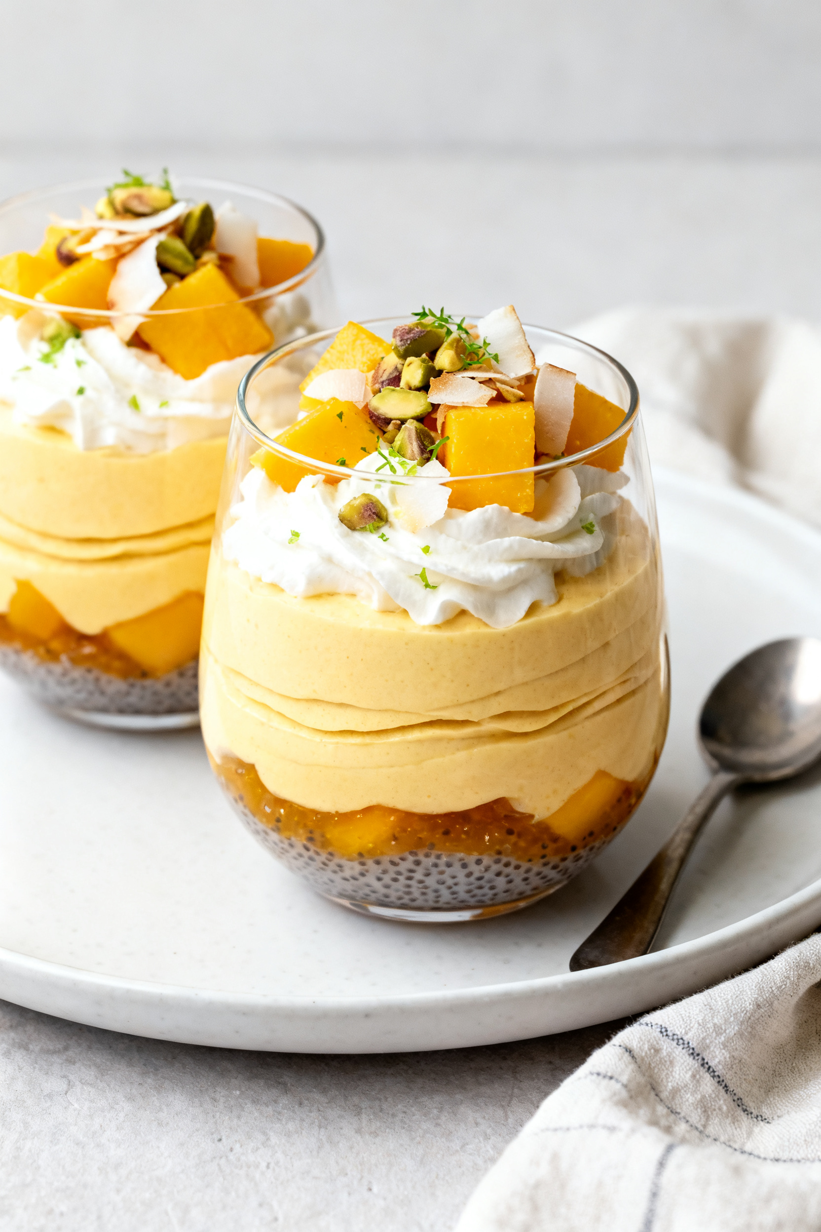 Beautifully plated final High Protein Mango Mousse served in clear stemless dessert glasses, layered