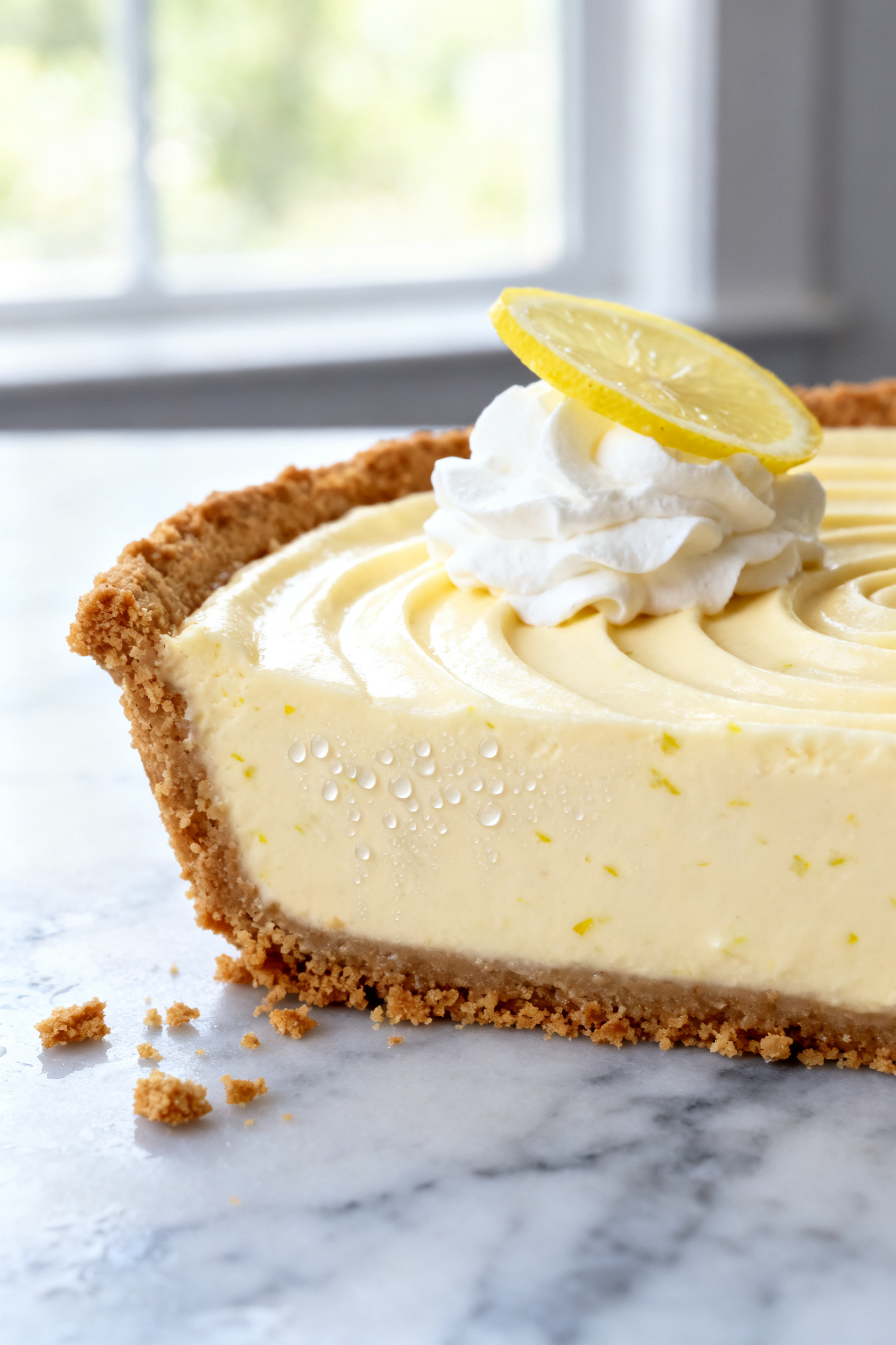 Close-up detail: A chilled slice of Frozen Lemonade Pie just after tempering, creamy pale-yellow fil