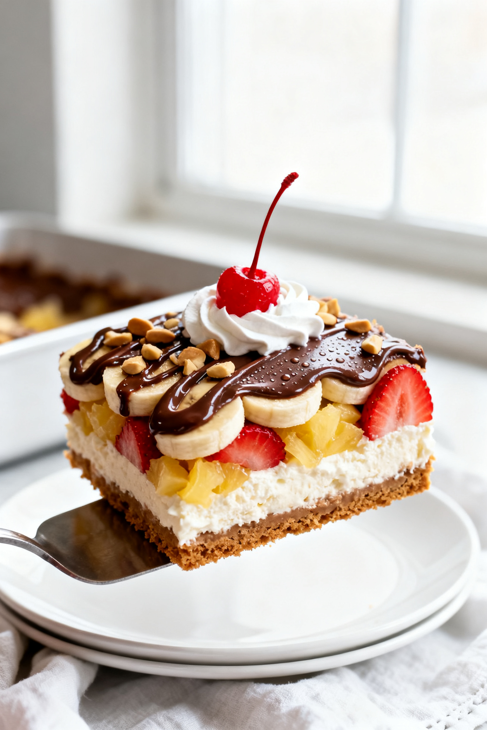 Close-up detail: A chilled, sliceable square of Banana Split Dessert just lifted from a 9x13 dish, s