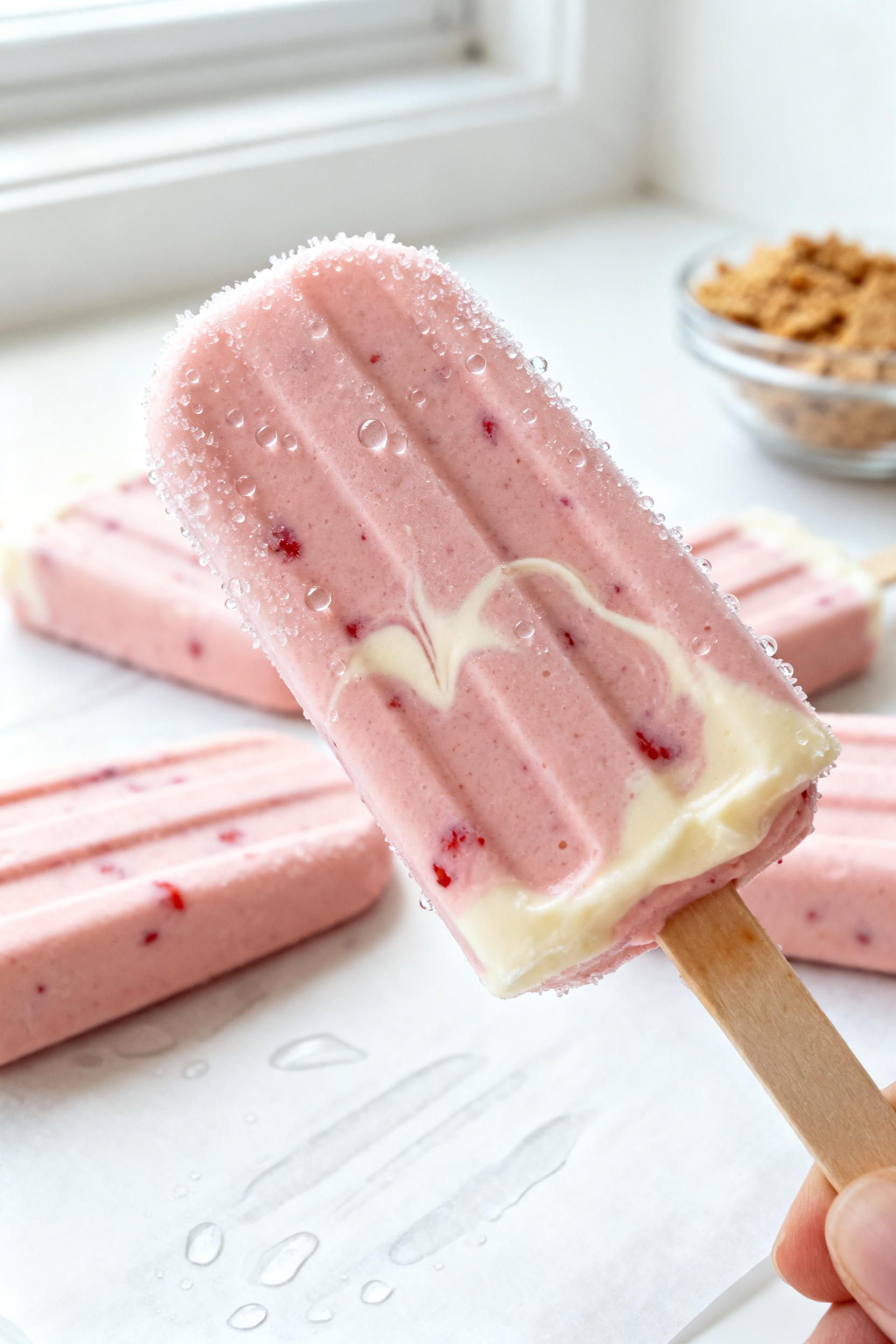 Close-up detail: A creamy Strawberry Cheesecake protein popsicle just unmolded, beads of frost glist