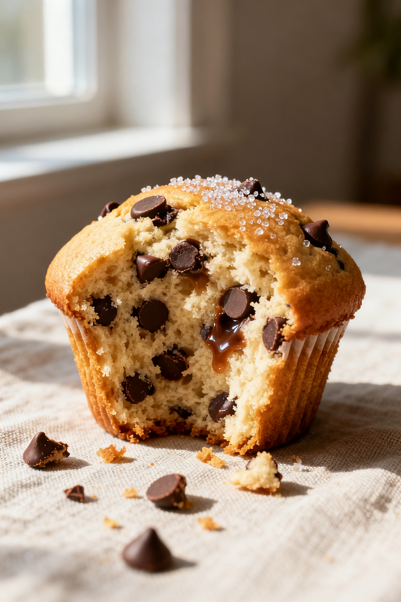 Close-up detail: A freshly baked chocolate chip muffin torn open to reveal a tender, moist crumb wit