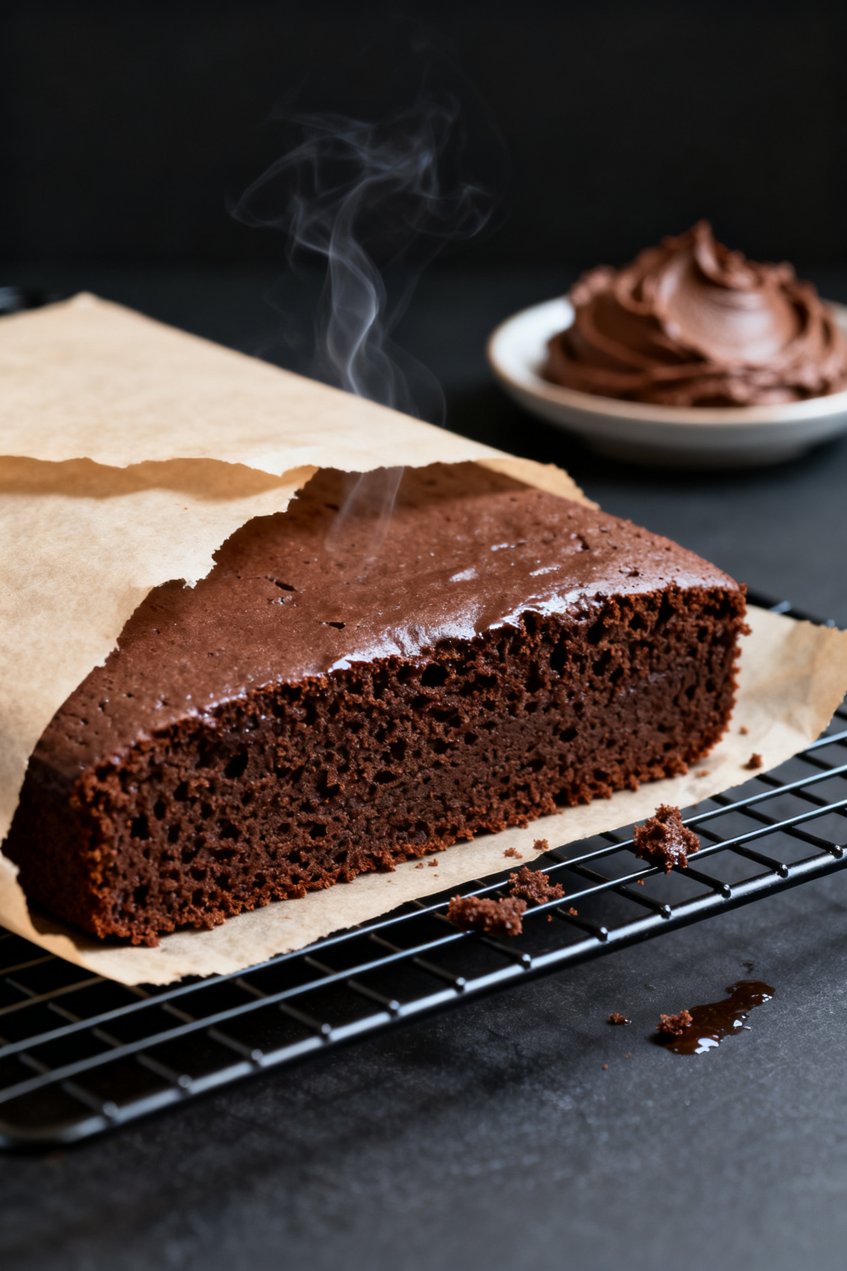 Close-up detail: A freshly baked gluten free chocolate cake layer just released from the pan and coo