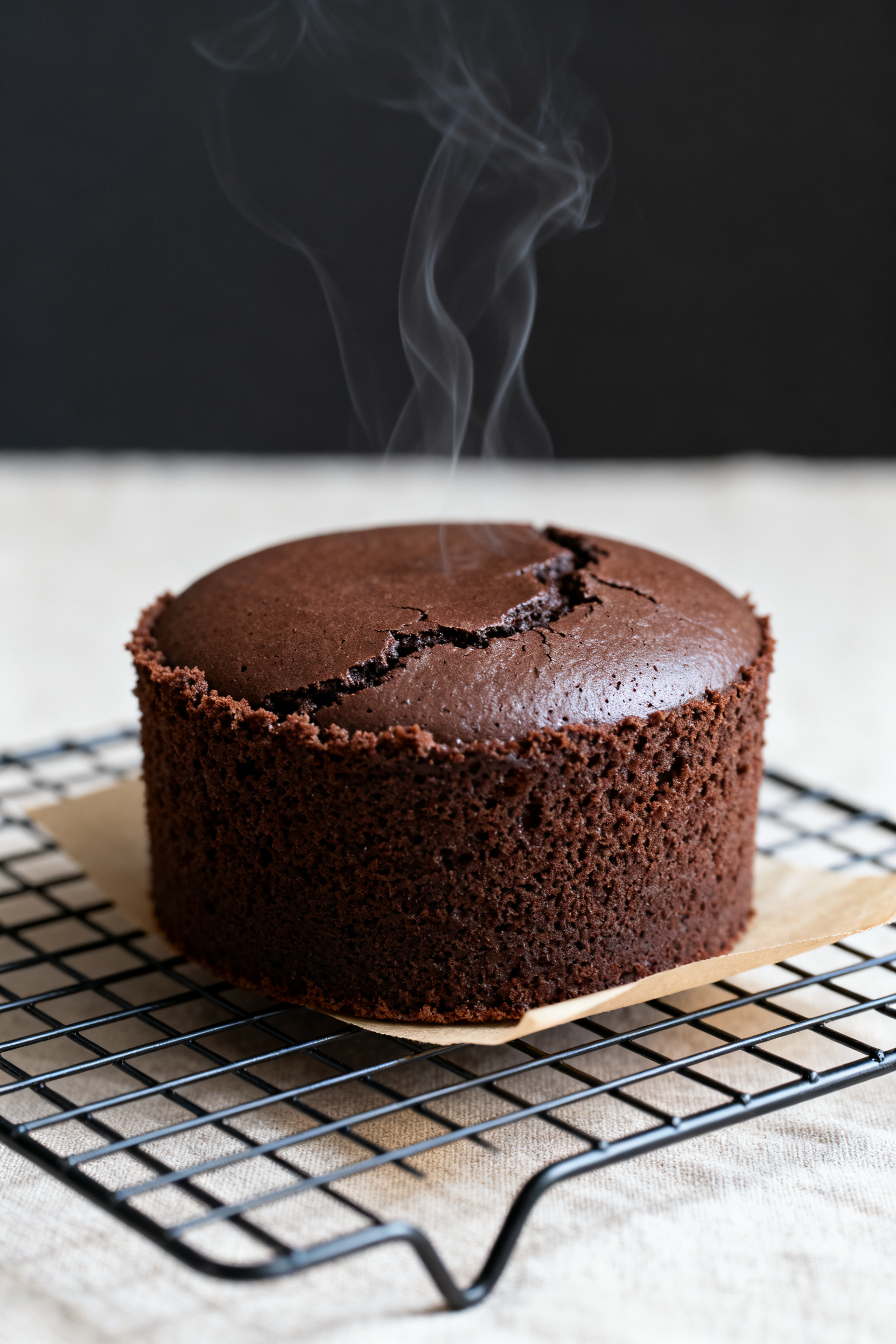 Close-up detail: A freshly baked mini chocolate cake (6-inch round) just turned out onto a cooling r