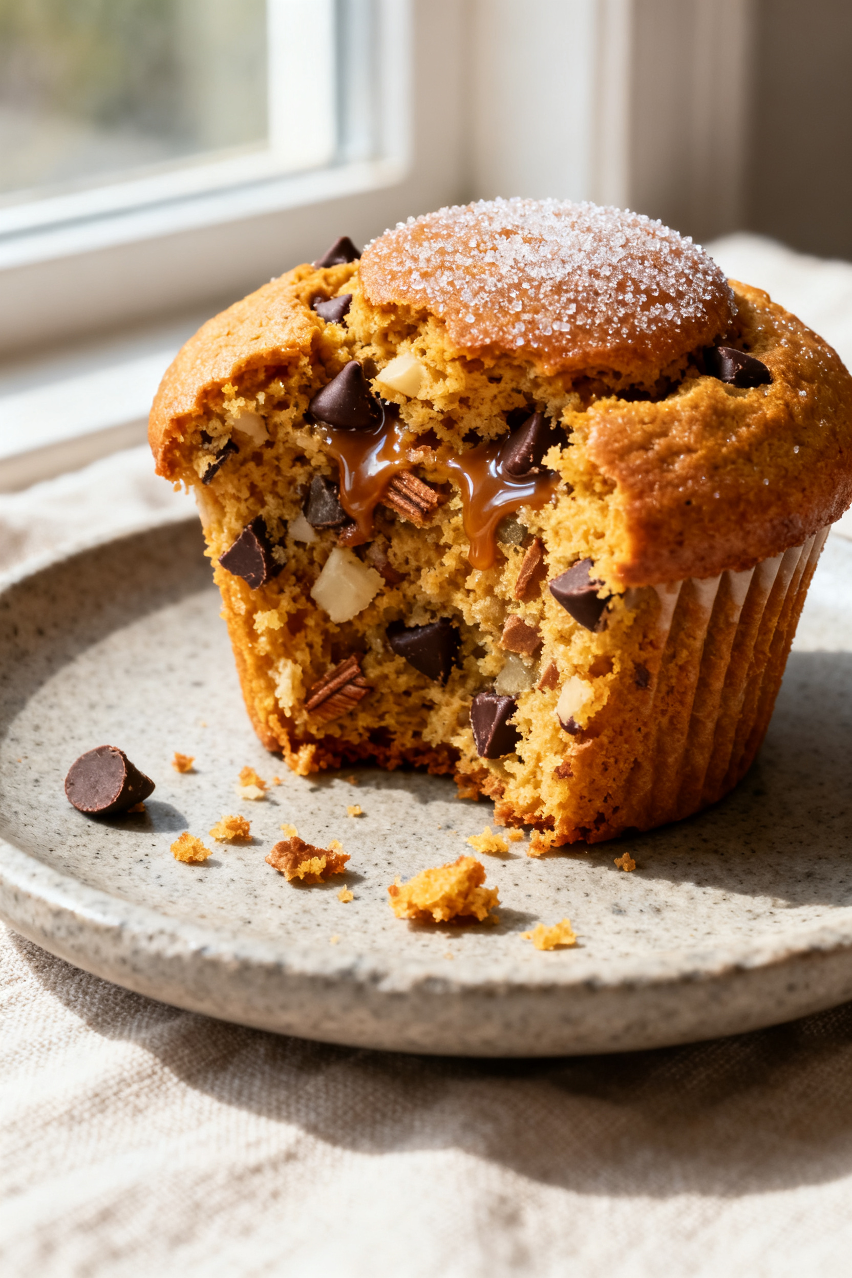 Close-up detail: A freshly baked pumpkin muffin torn open to reveal a moist, tender crumb flecked wi